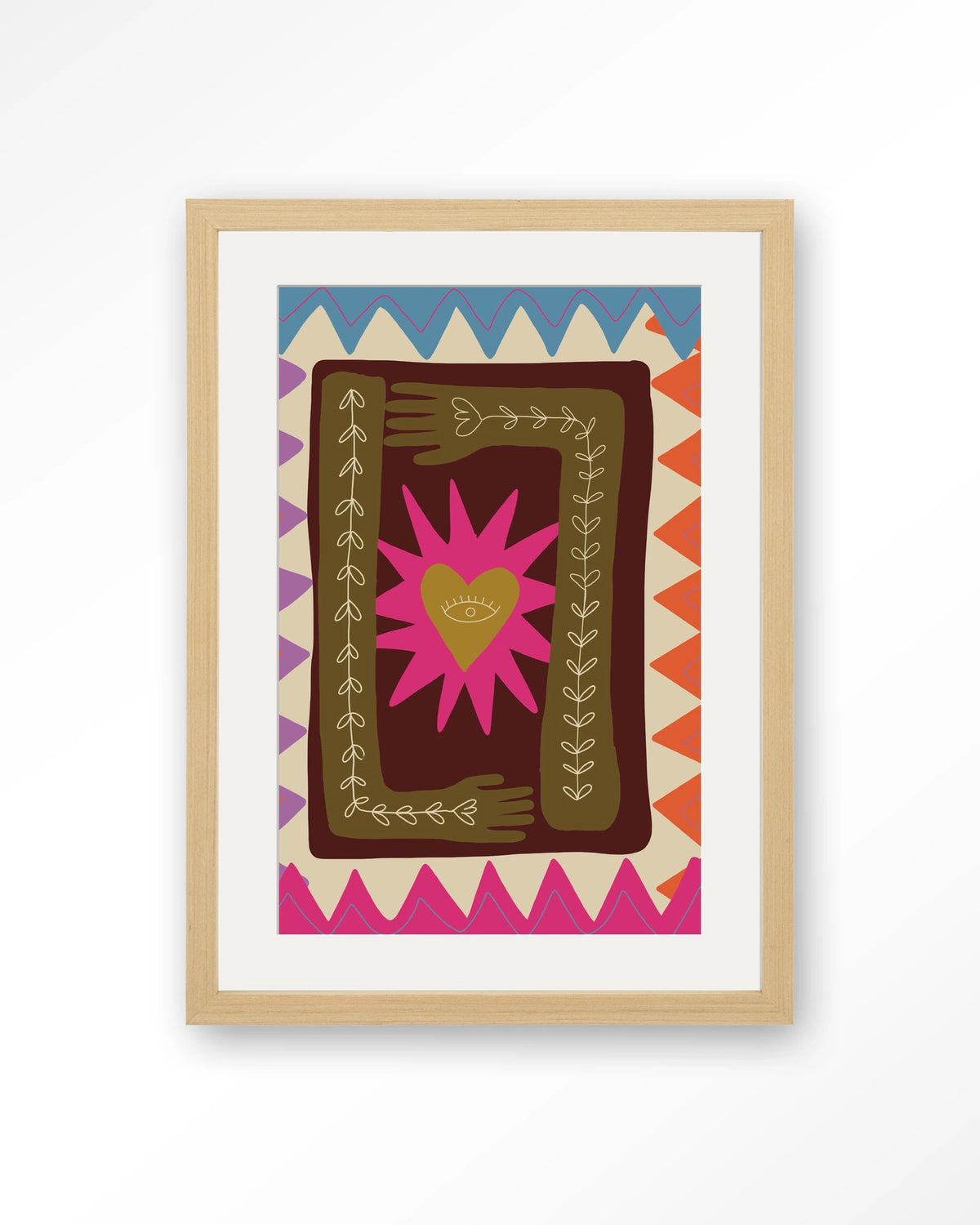 Hug – hart met handen in folkstijl – Art print – Hout naturel + passe-partout