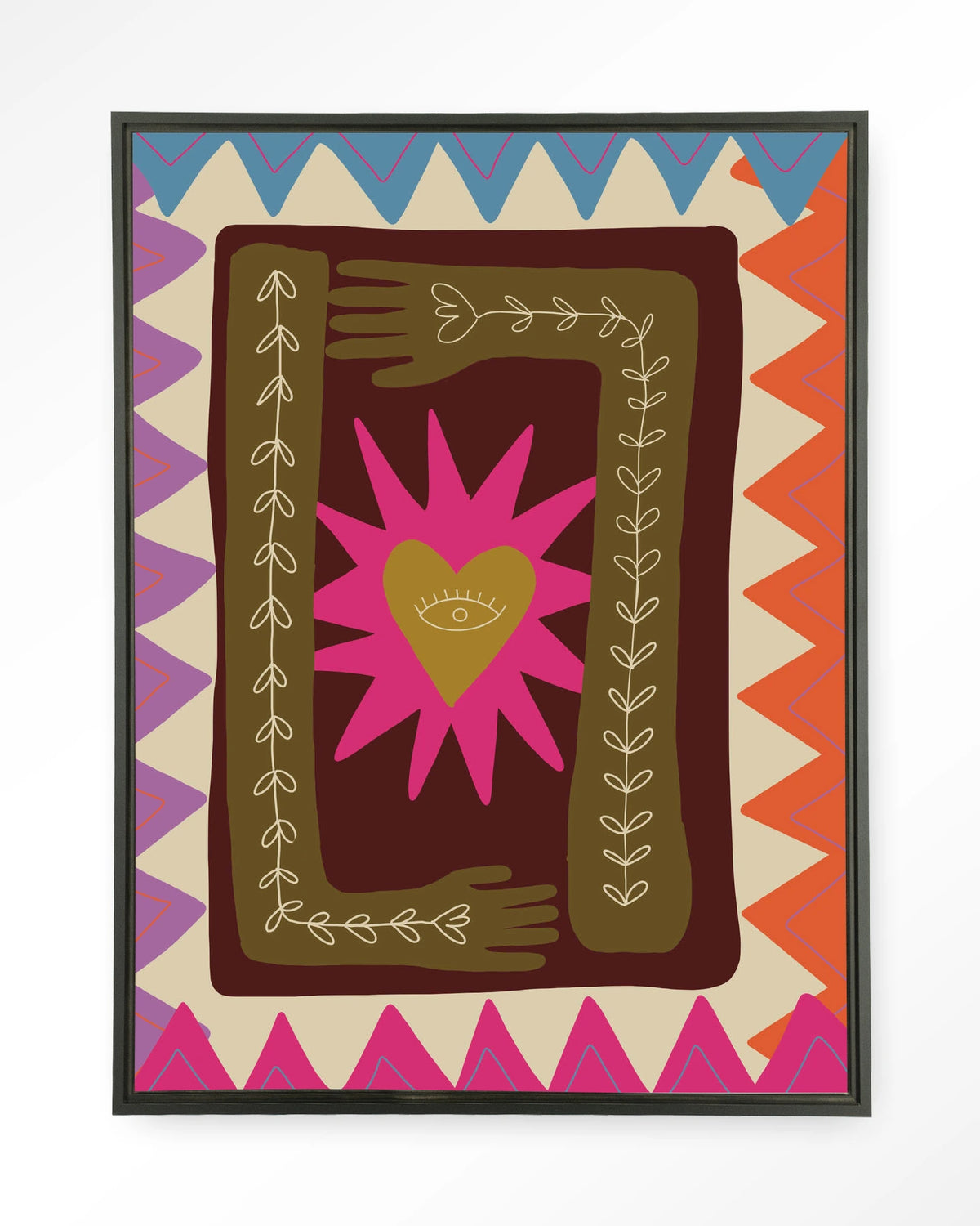 Hug – hart met handen in folkstijl – Wandkleed – Floating frame – zwart