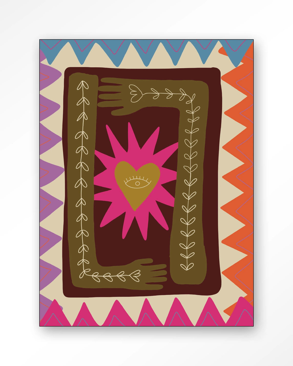 Hug – hart met handen in folkstijl – Wandkleed – Frame – zwart