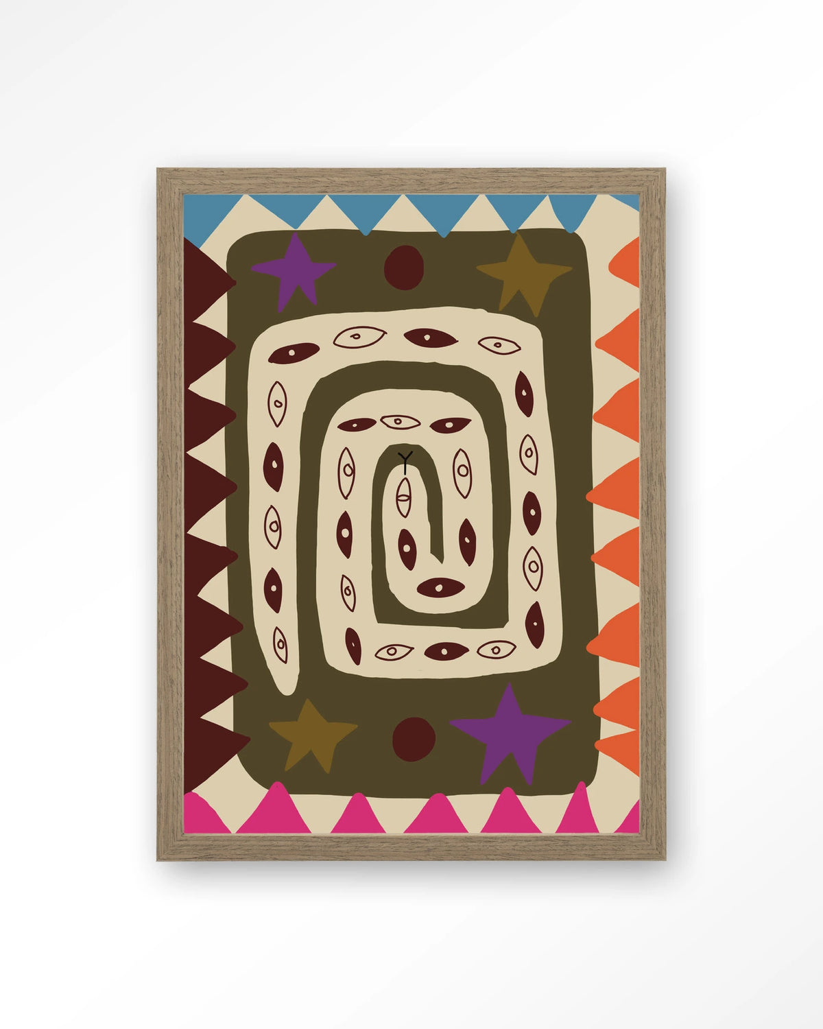 Snake Eye – slang met ogen in kleurrijk patroon – Art print – Hout bruin