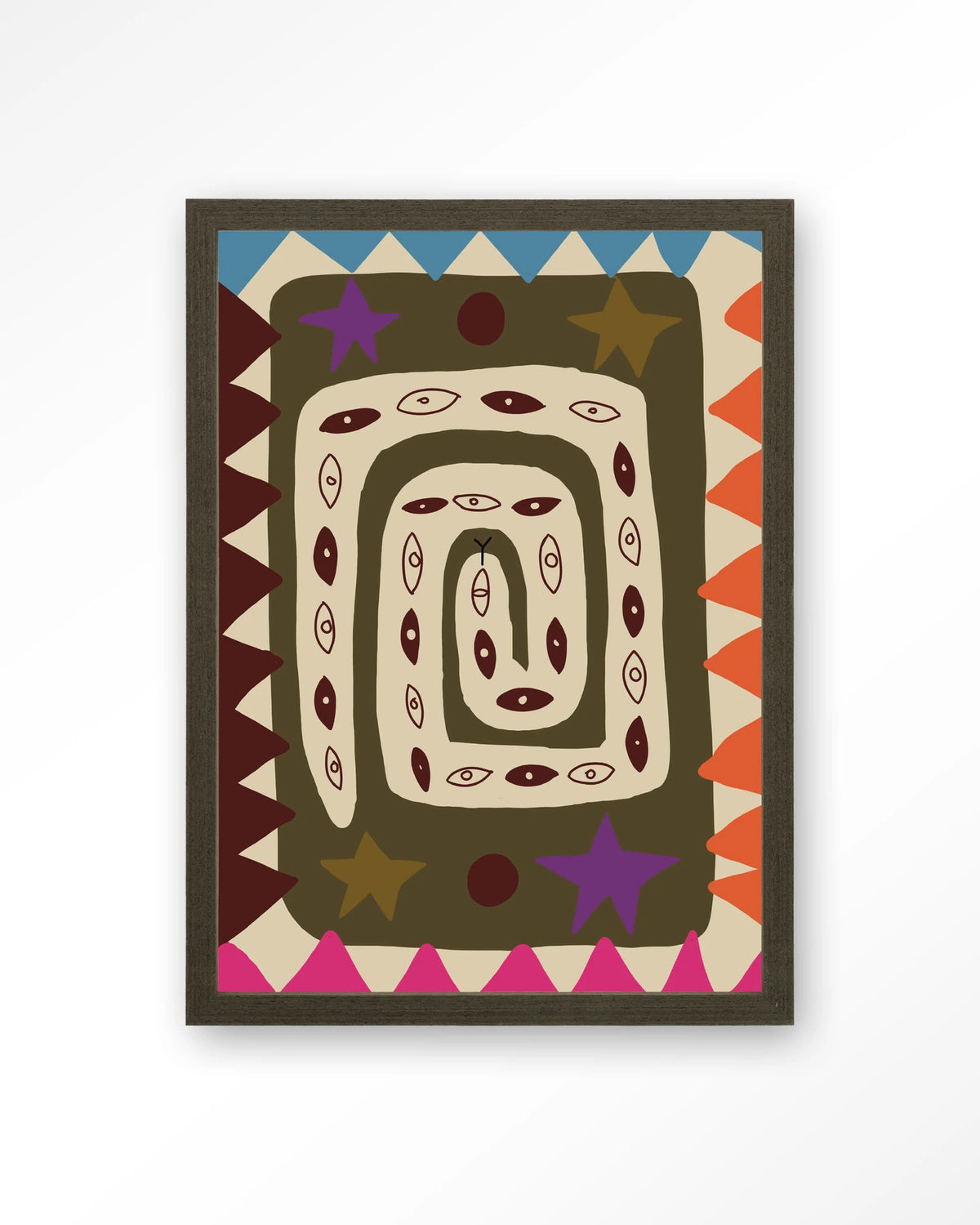 Snake Eye – slang met ogen in kleurrijk patroon – Art print – Hout donkerbruin
