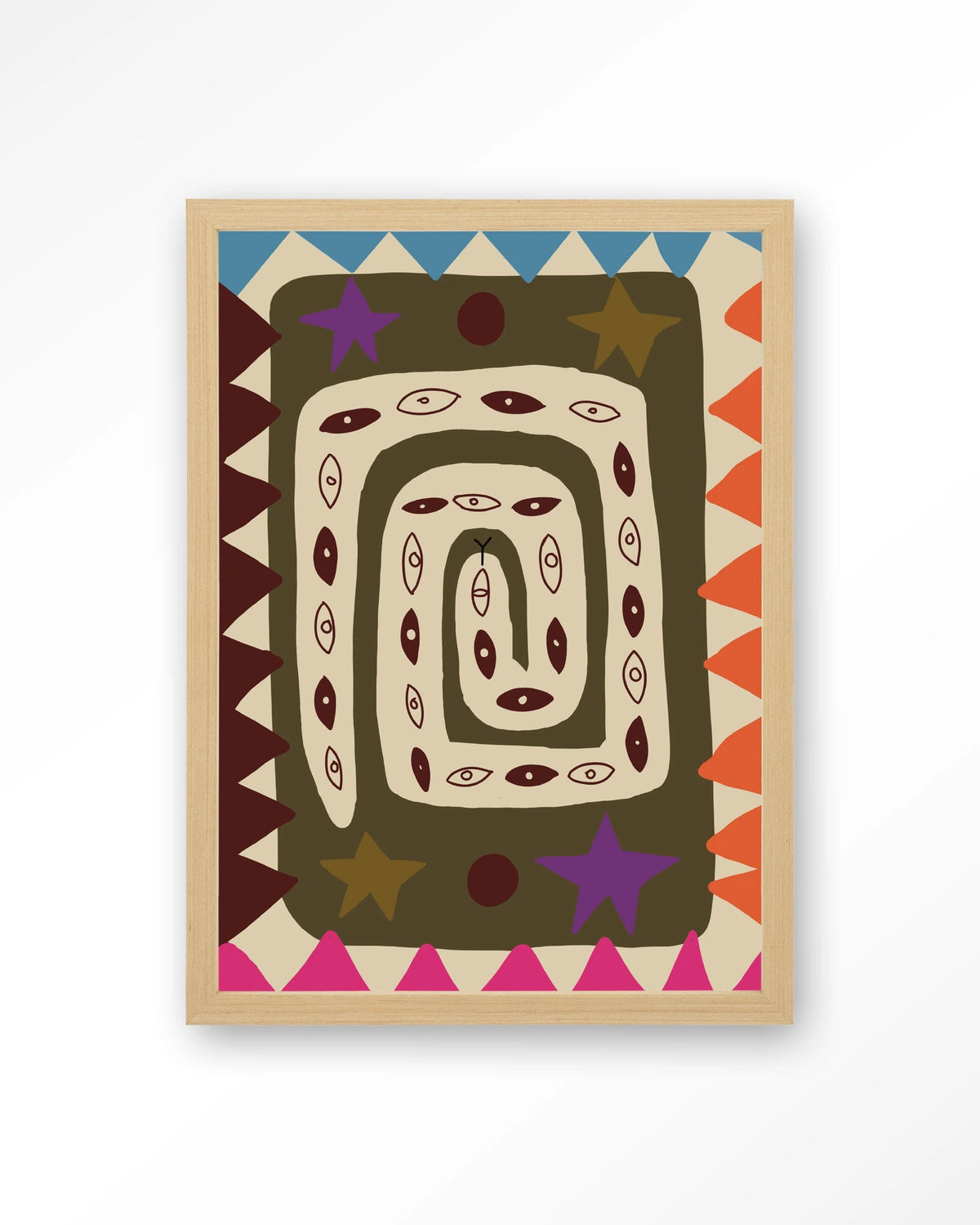 Snake Eye – slang met ogen in kleurrijk patroon – Art print – Hout naturel