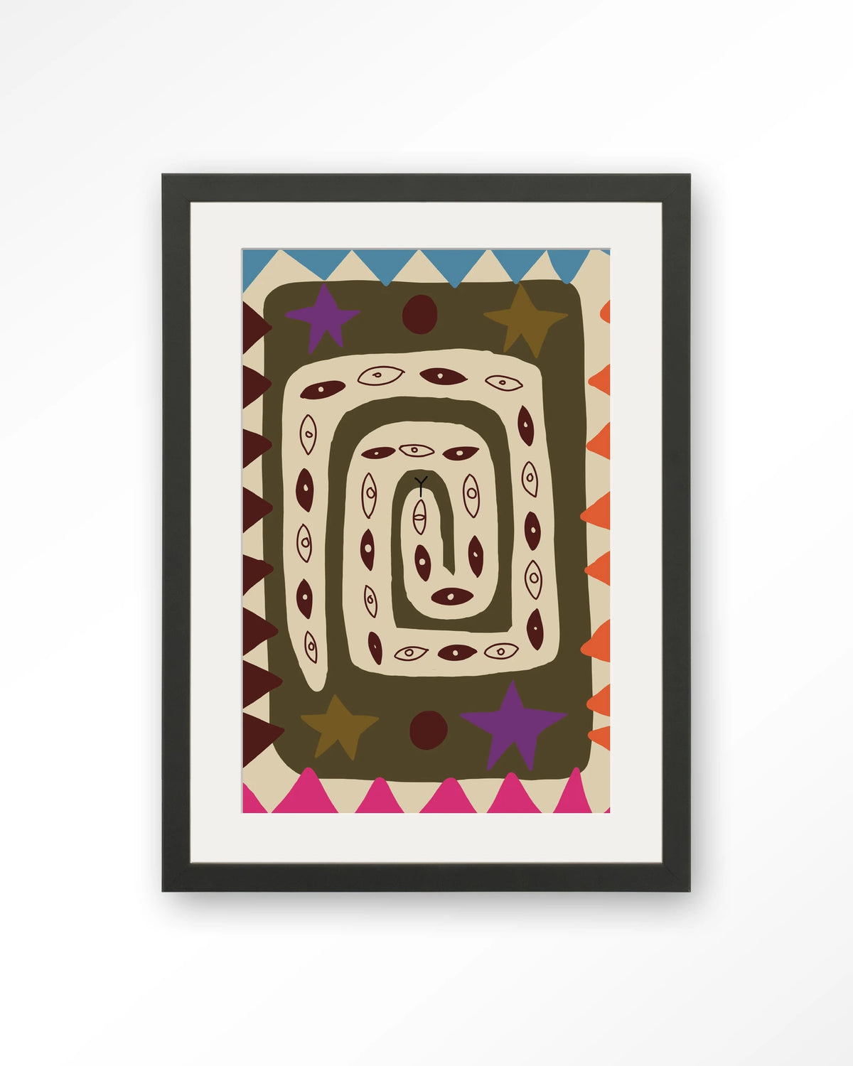 Snake Eye – slang met ogen in kleurrijk patroon – Art print – Hout zwart + passe-partout