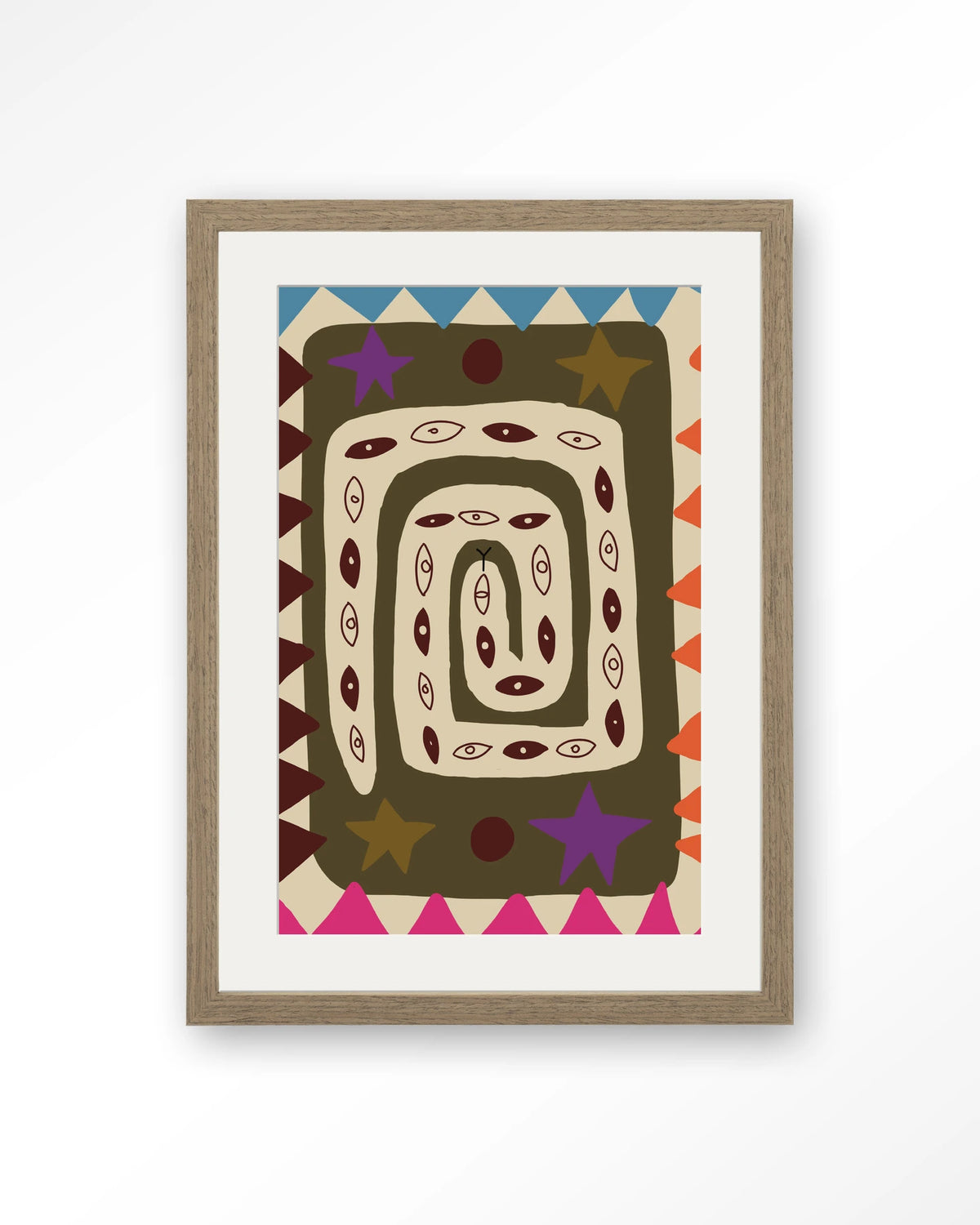 Snake Eye – slang met ogen in kleurrijk patroon – Art print – Hout bruin + passe-partout