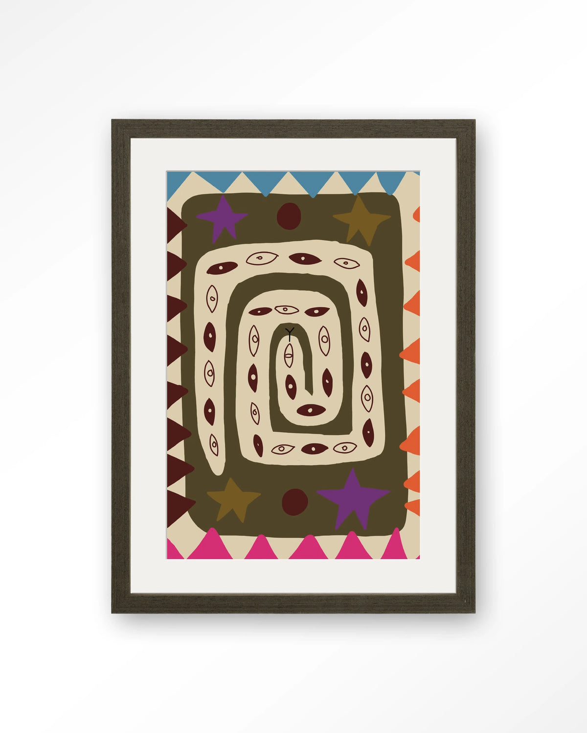 Snake Eye – slang met ogen in kleurrijk patroon – Art print – Hout donkerbruin + passe-partout