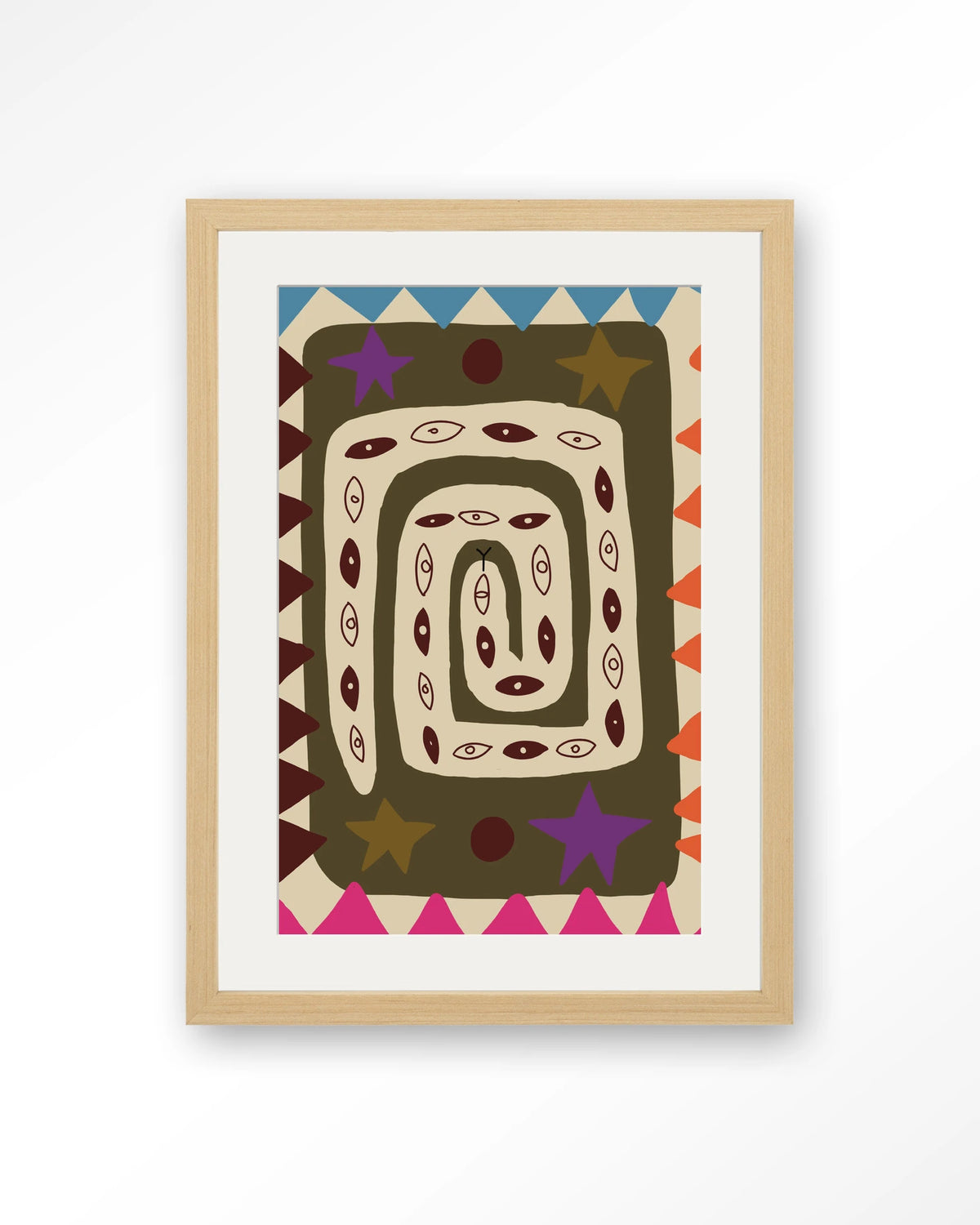 Snake Eye – slang met ogen in kleurrijk patroon – Art print – Hout naturel + passe-partout