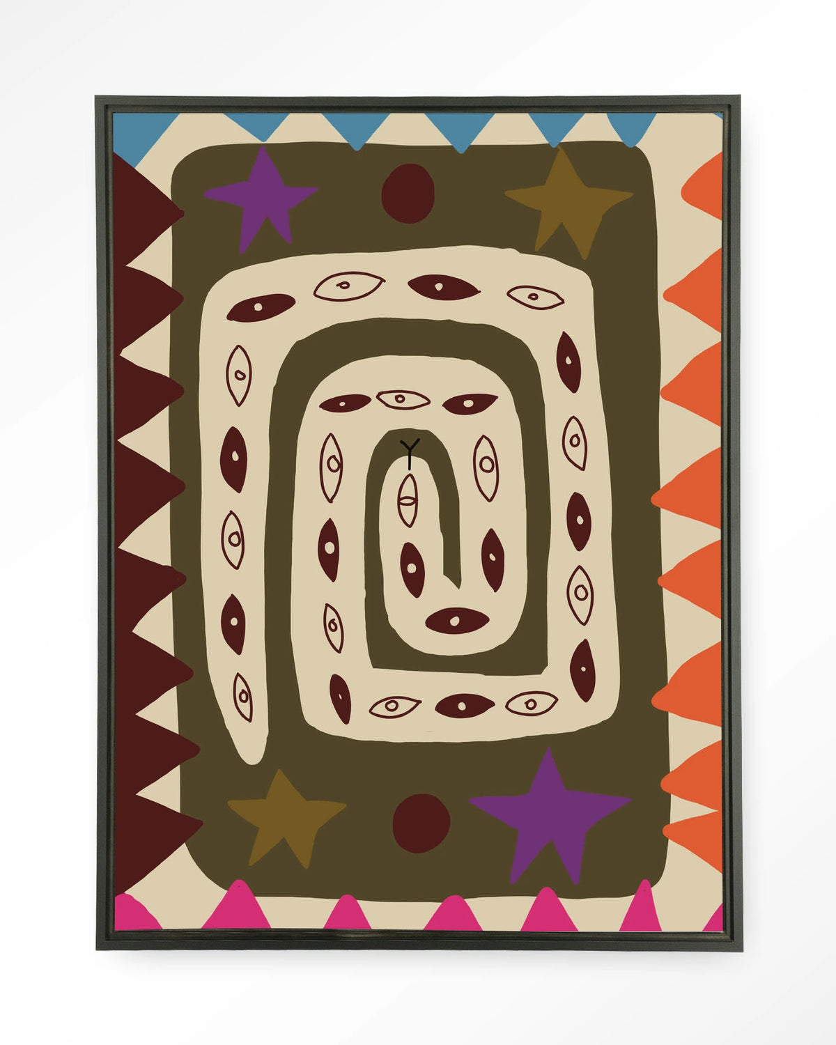 Snake Eye – slang met ogen in kleurrijk patroon – Wandkleed – Floating frame – zwart