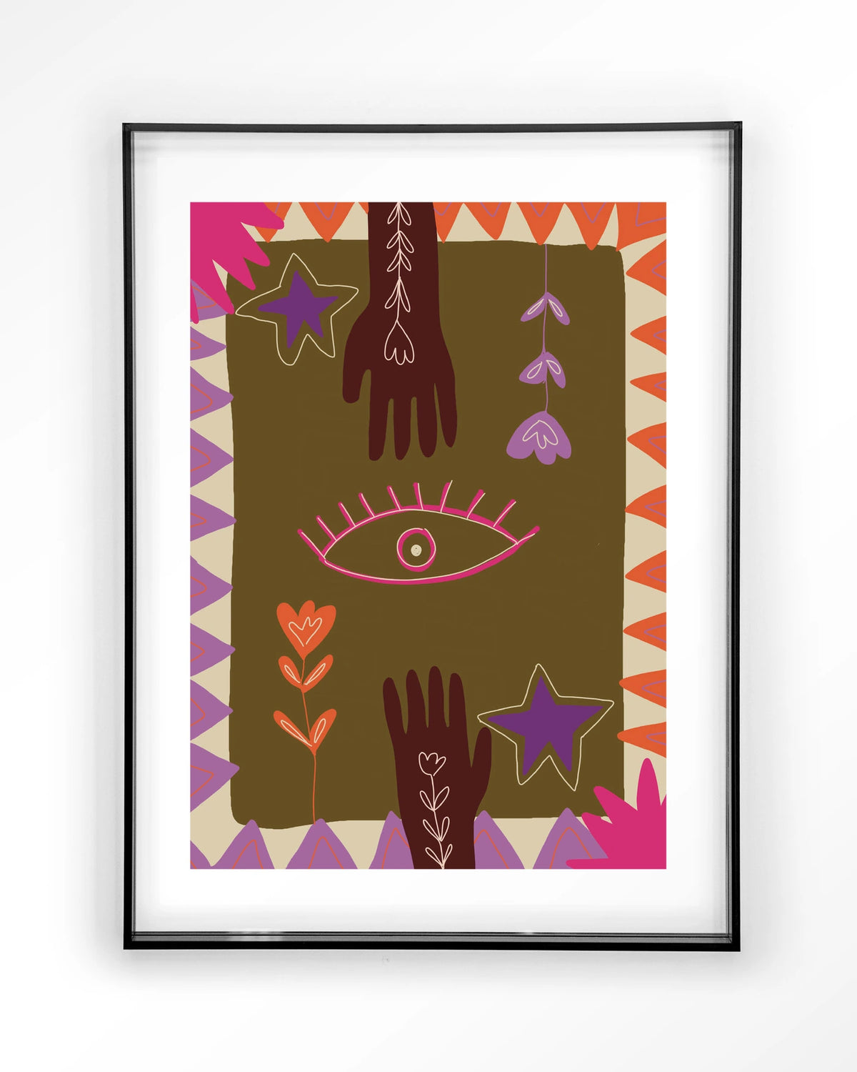 Hands – handen en oog in boho-stijl – Art print – Acryl zwart