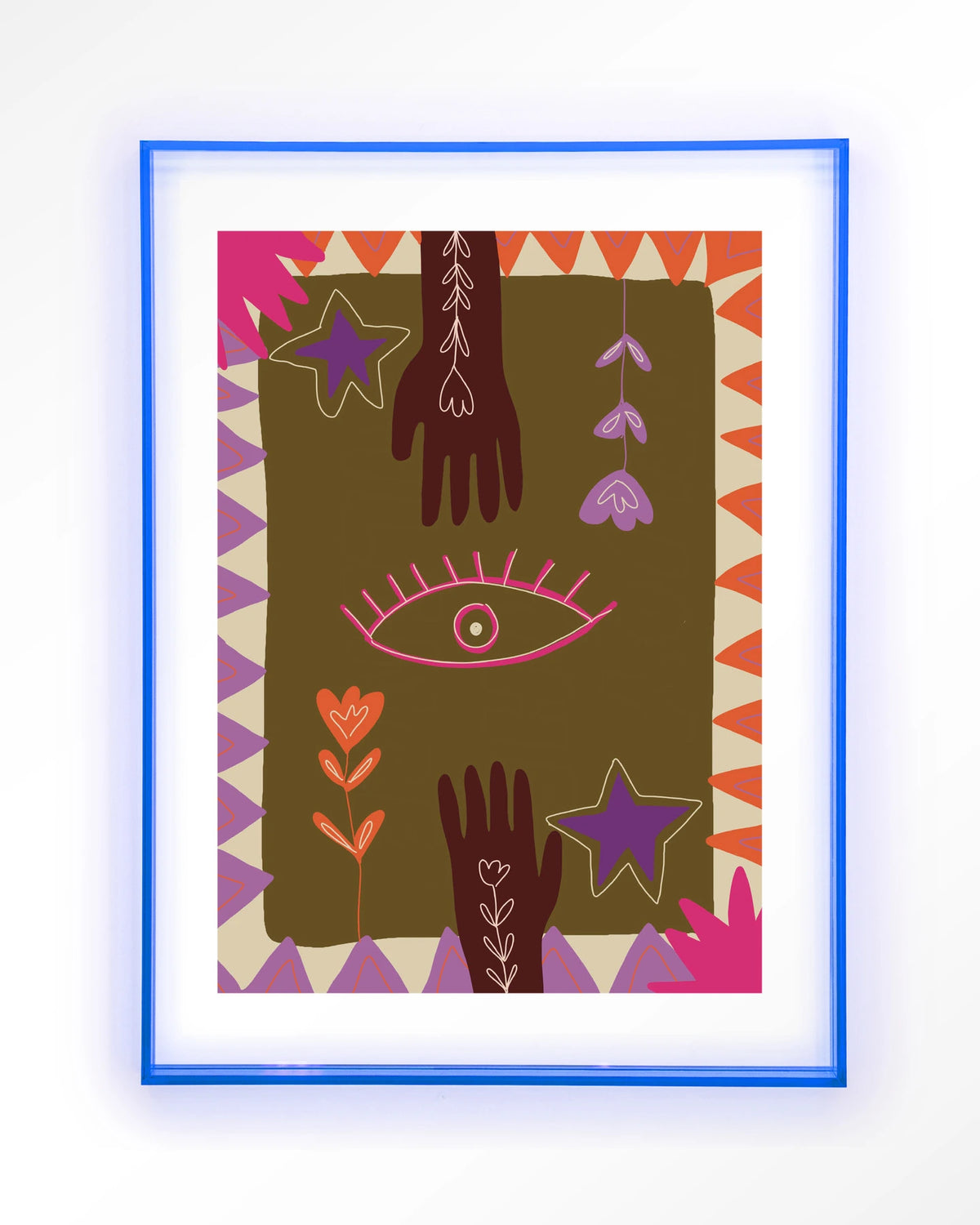 Hands – handen en oog in boho-stijl – Art print – Acryl lichtblauw