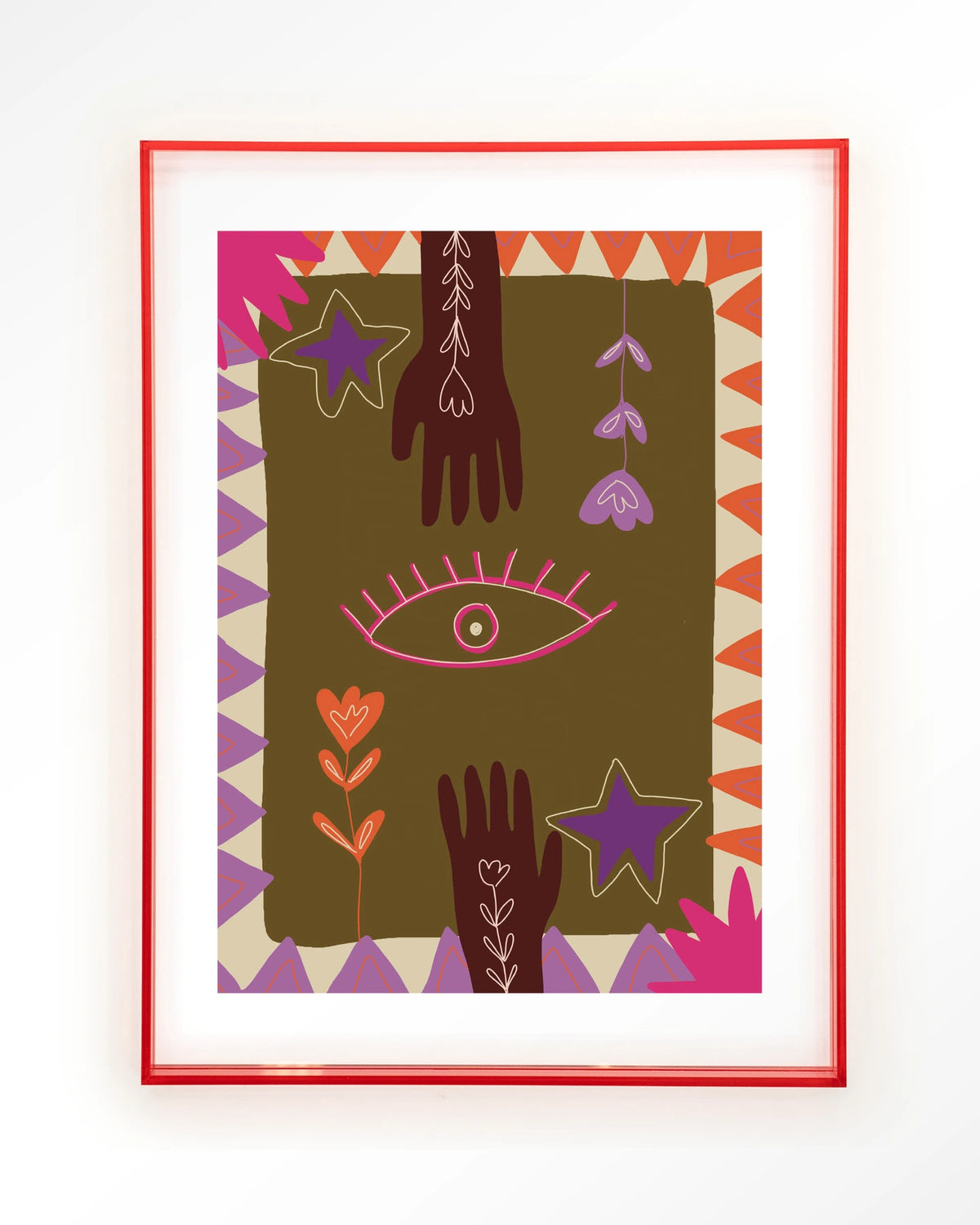 Hands – handen en oog in boho-stijl – Art print – Acryl roze