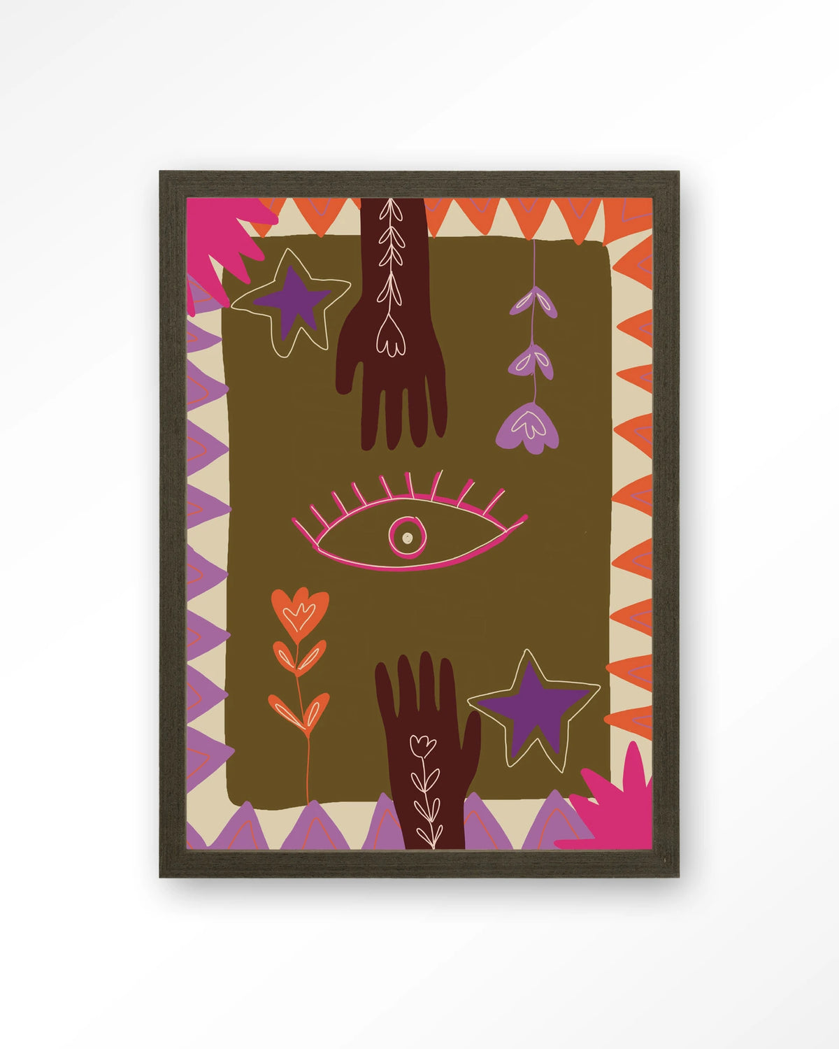 Hands – handen en oog in boho-stijl – Art print – Hout donkerbruin