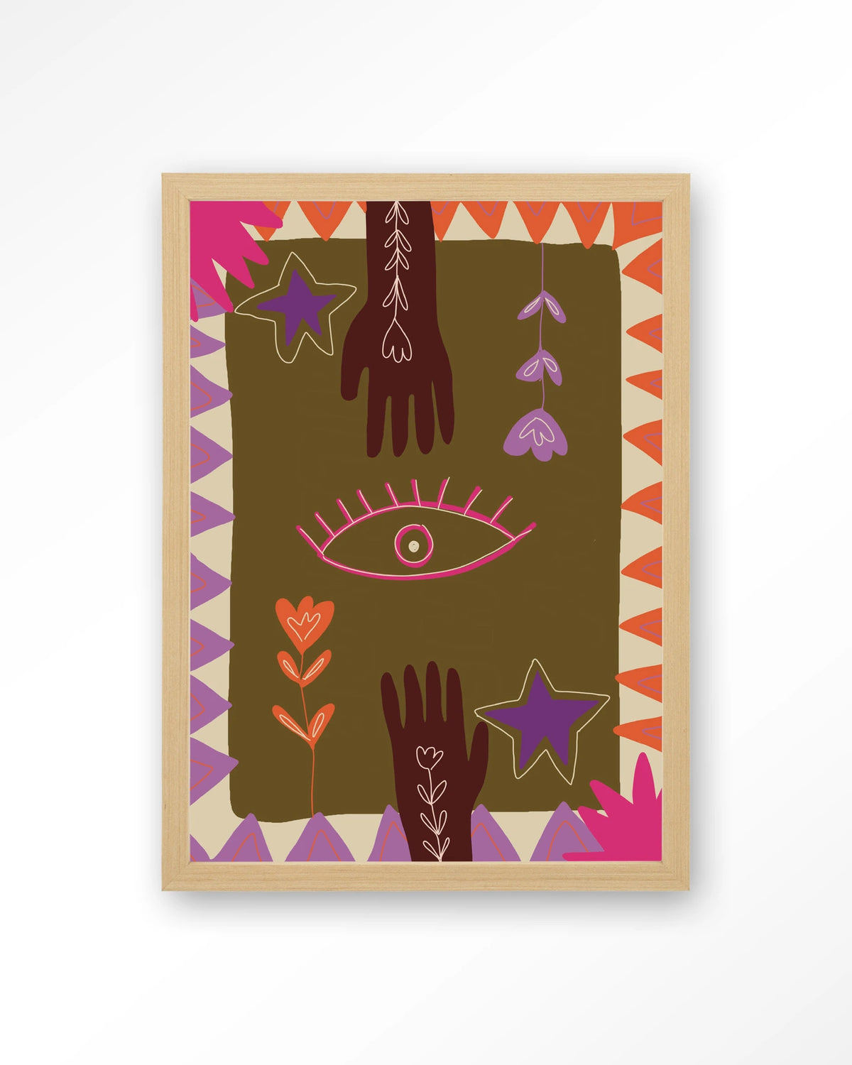 Hands – handen en oog in boho-stijl – Art print – Hout naturel