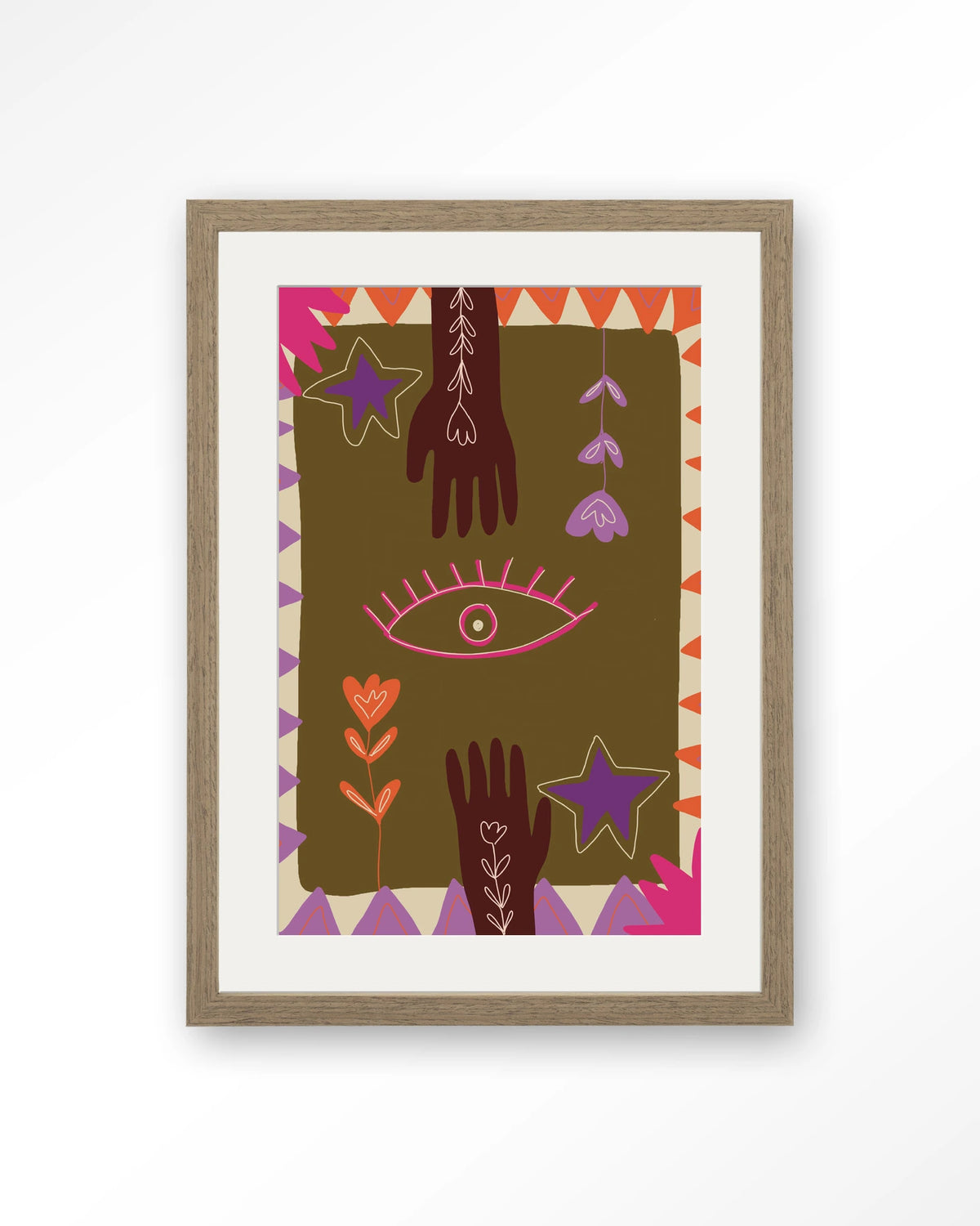 Hands – handen en oog in boho-stijl – Art print – Hout bruin + passe-partout
