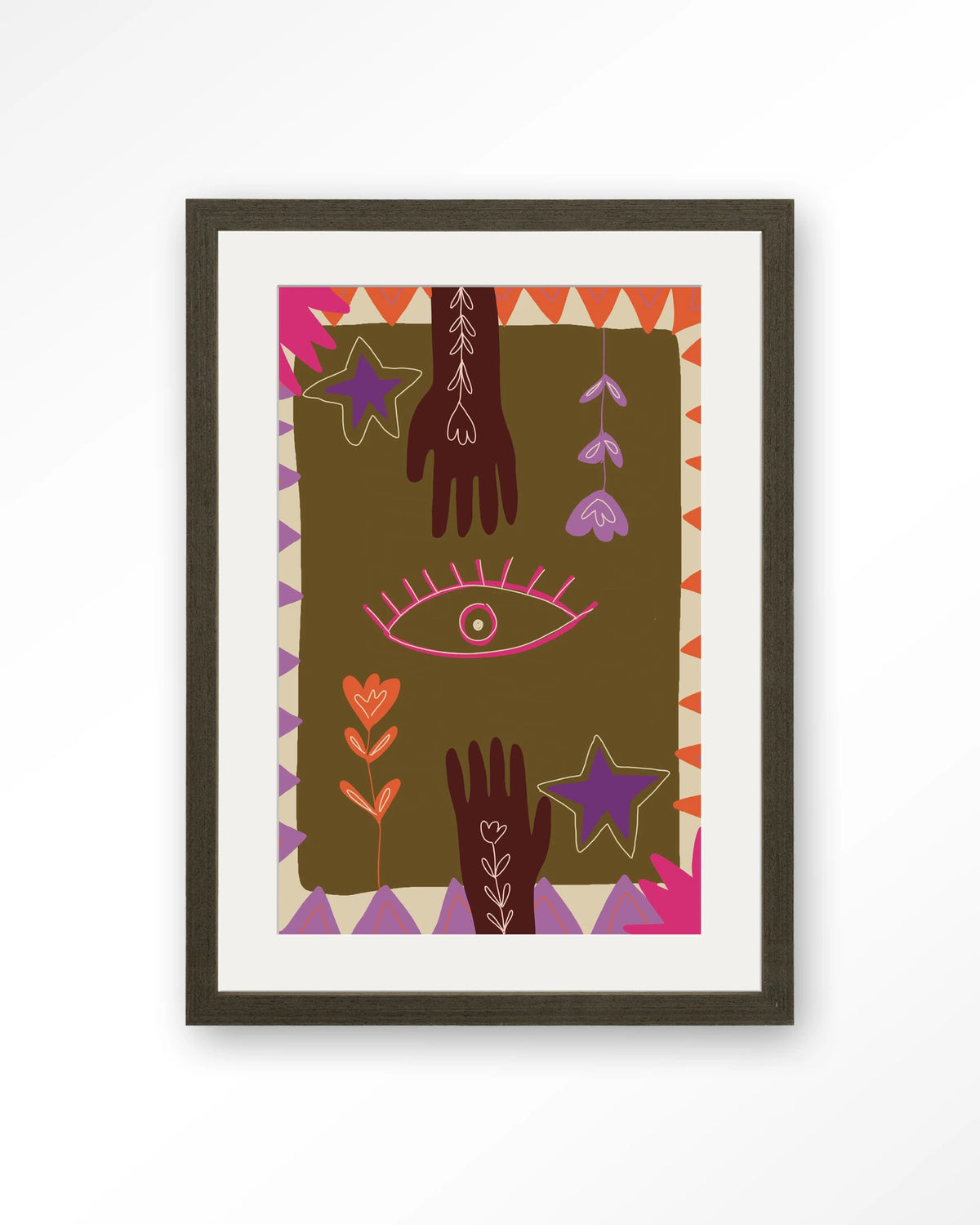 Hands – handen en oog in boho-stijl – Art print – Hout donkerbruin + passe-partout