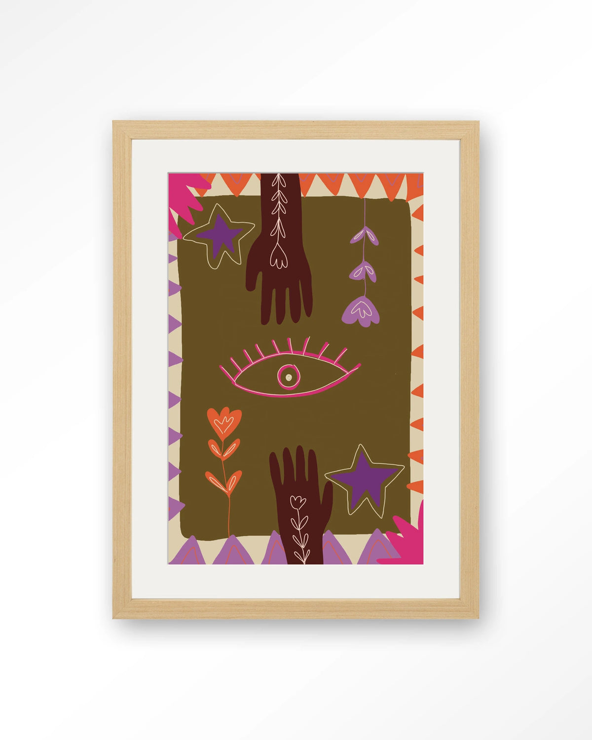 Hands – handen en oog in boho-stijl – Art print – Hout naturel + passe-partout