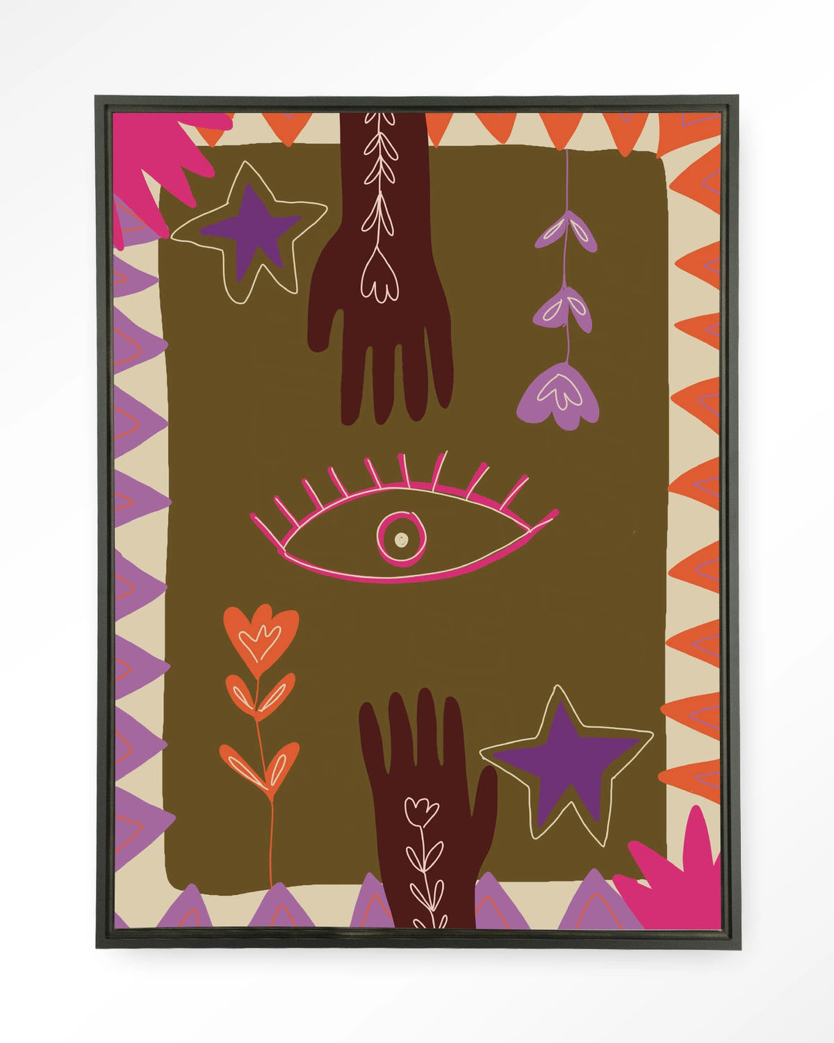 Hands – handen en oog in boho-stijl – Wandkleed – Floating frame – zwart