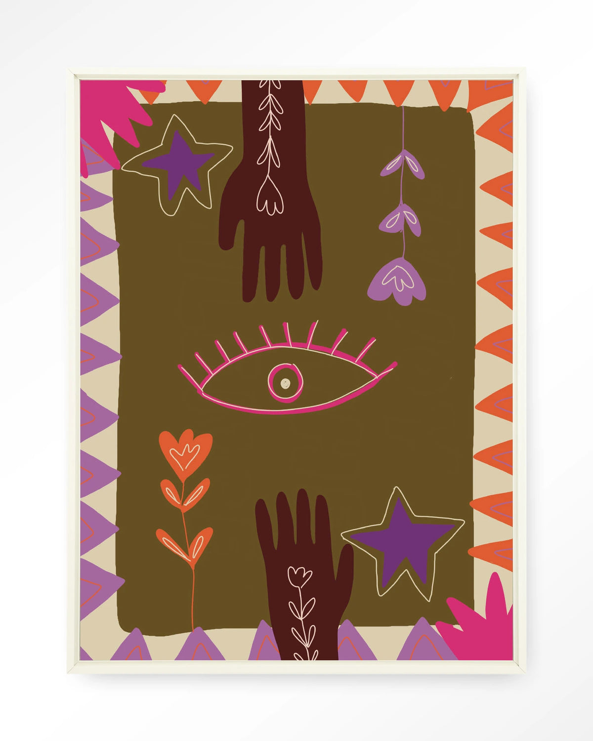 Hands – handen en oog in boho-stijl – Wandkleed – Floating frame – wit