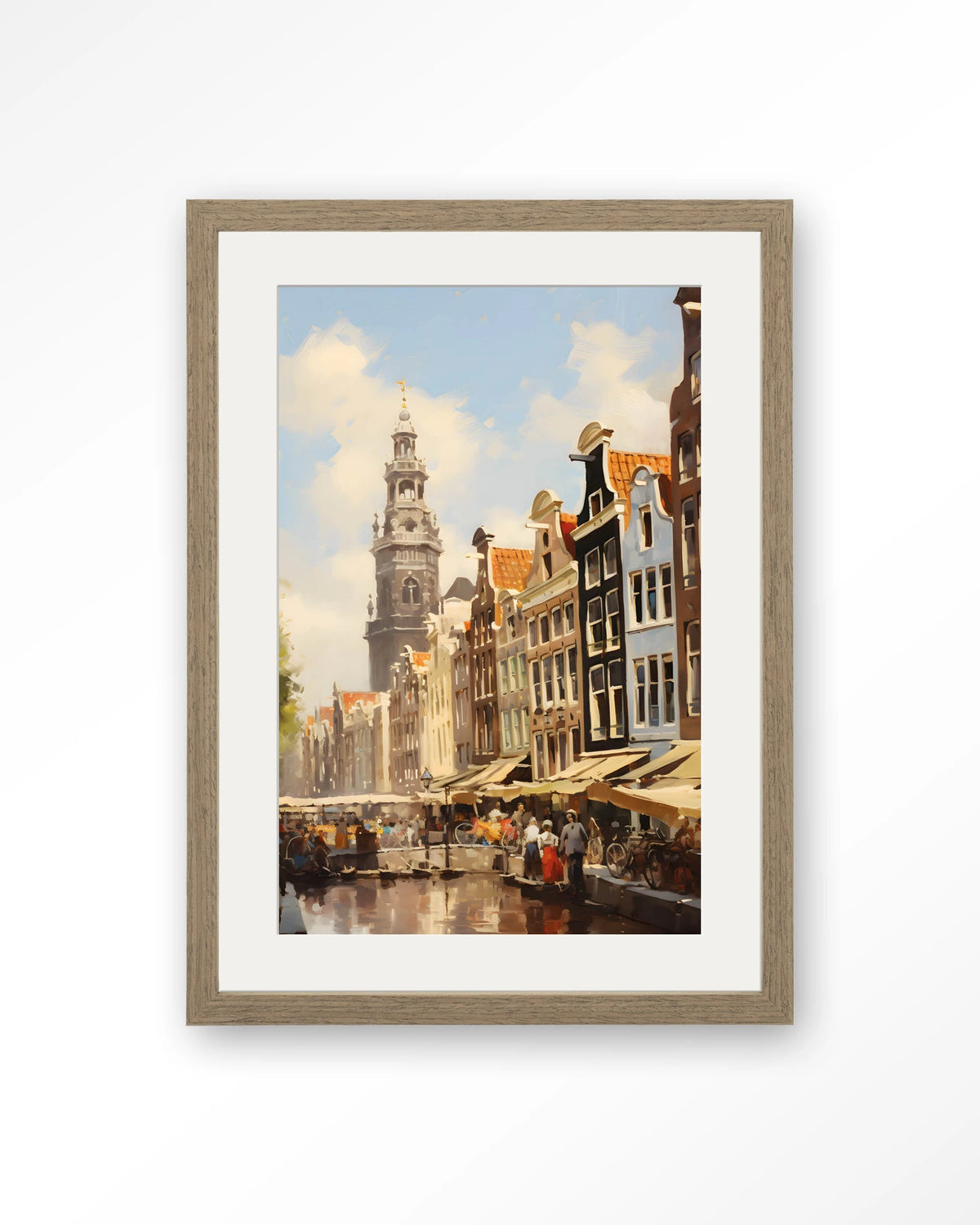 Amsterdam – amsterdamse gracht met markt – Art print – Hout bruin + passe-partout