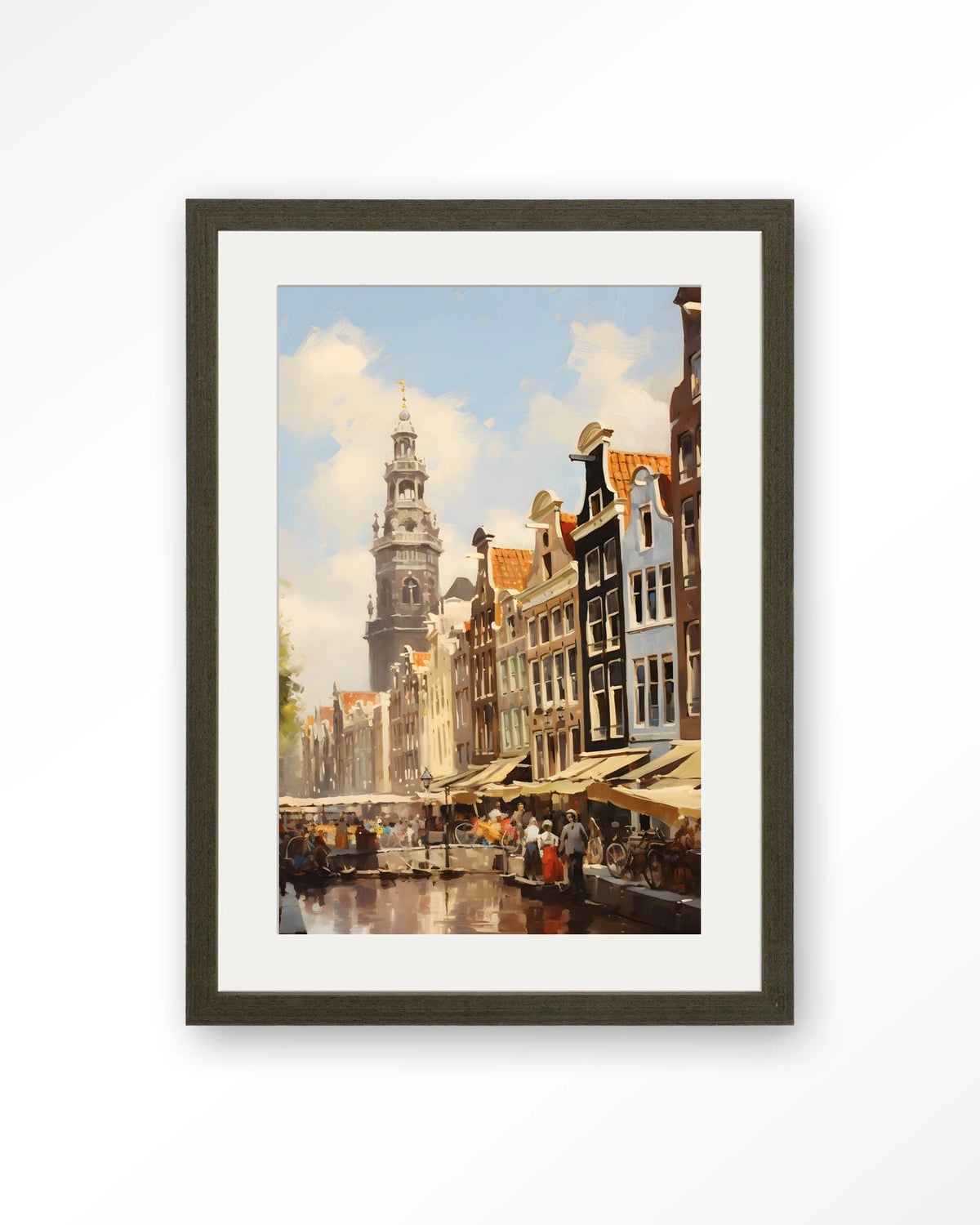 Amsterdam – amsterdamse gracht met markt – Art print – Hout donkerbruin + passe-partout
