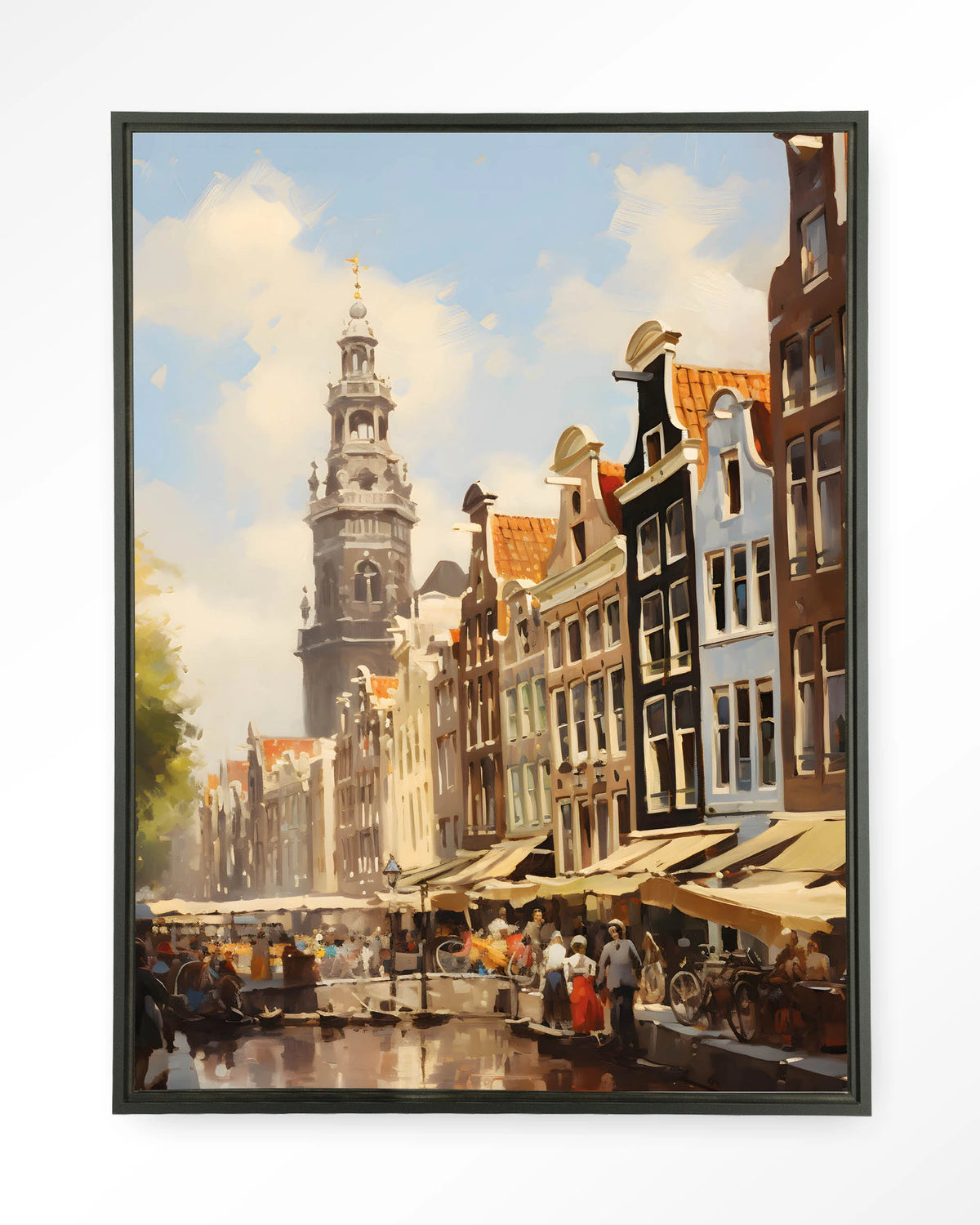 Amsterdam – amsterdamse gracht met markt – Wandkleed – Floating frame – zwart