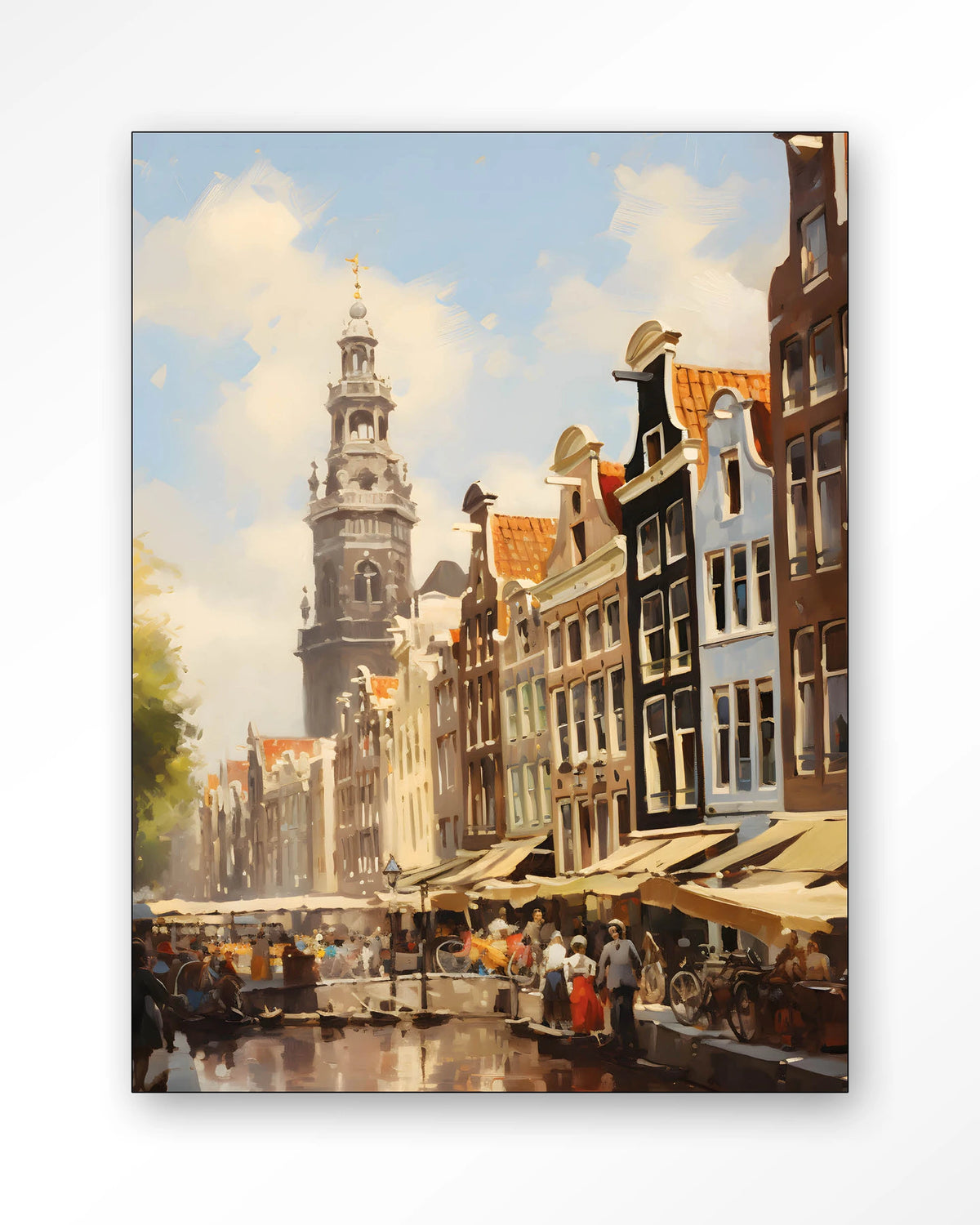 Amsterdam – amsterdamse gracht met markt – Wandkleed – Frame – zwart