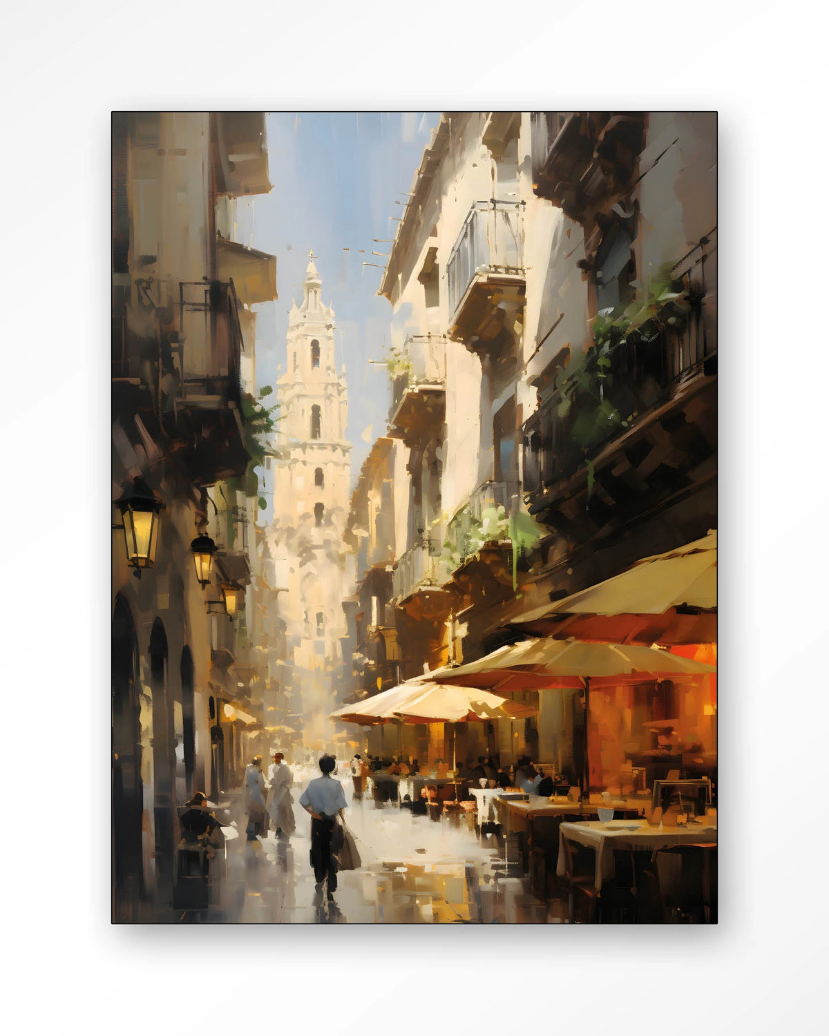 Barcelona – straat met terras in oude stad – Wandkleed – Frame – zwart
