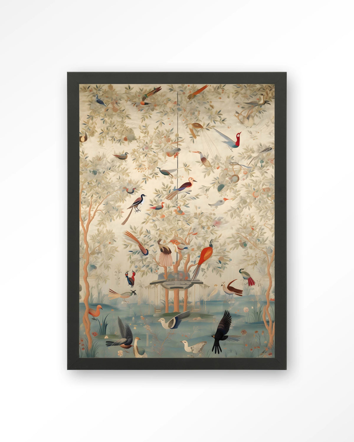 Oriental Day – vogels in boom, oosters landschap – Art print – Hout zwart