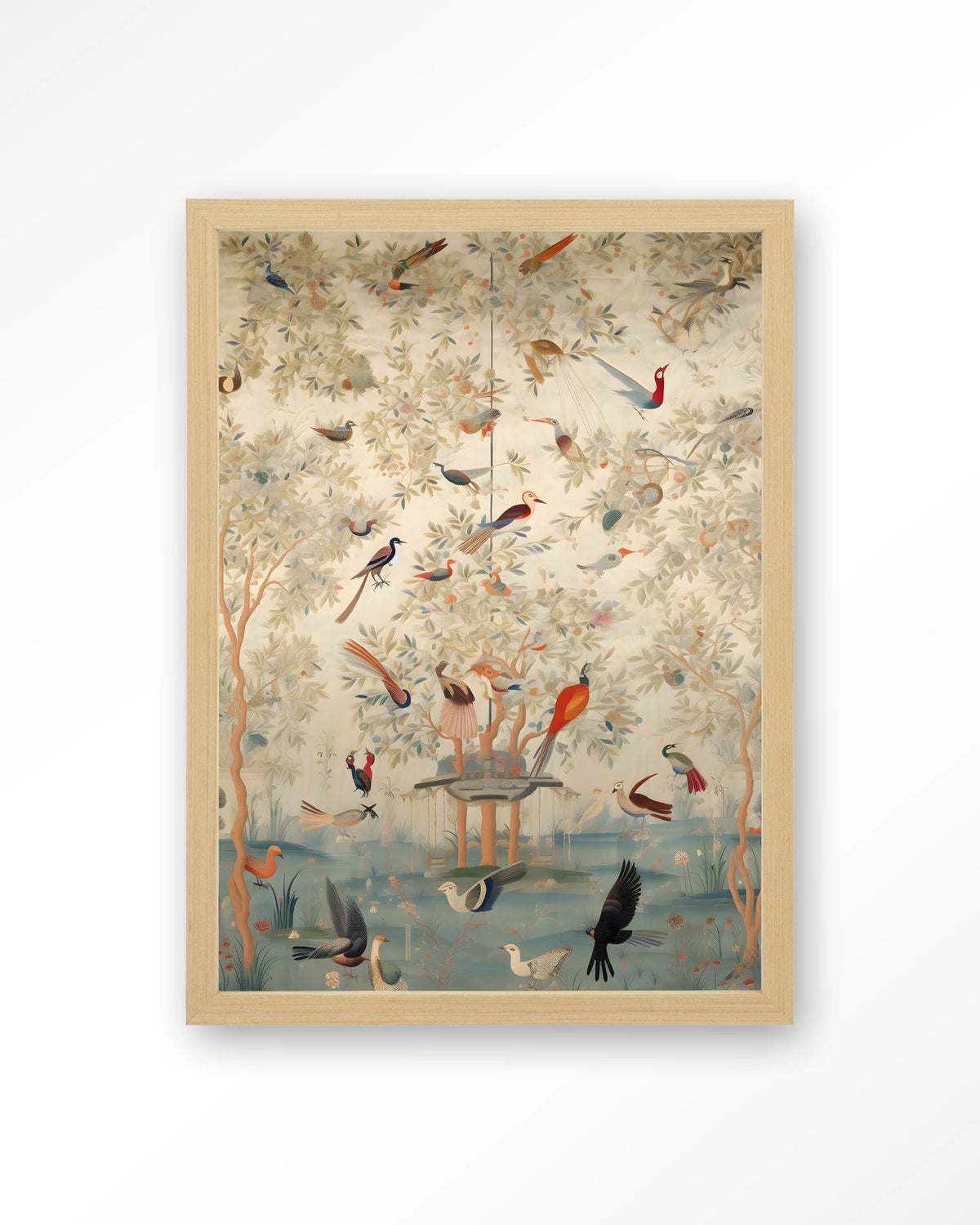 Oriental Day – vogels in boom, oosters landschap – Art print – Hout naturel