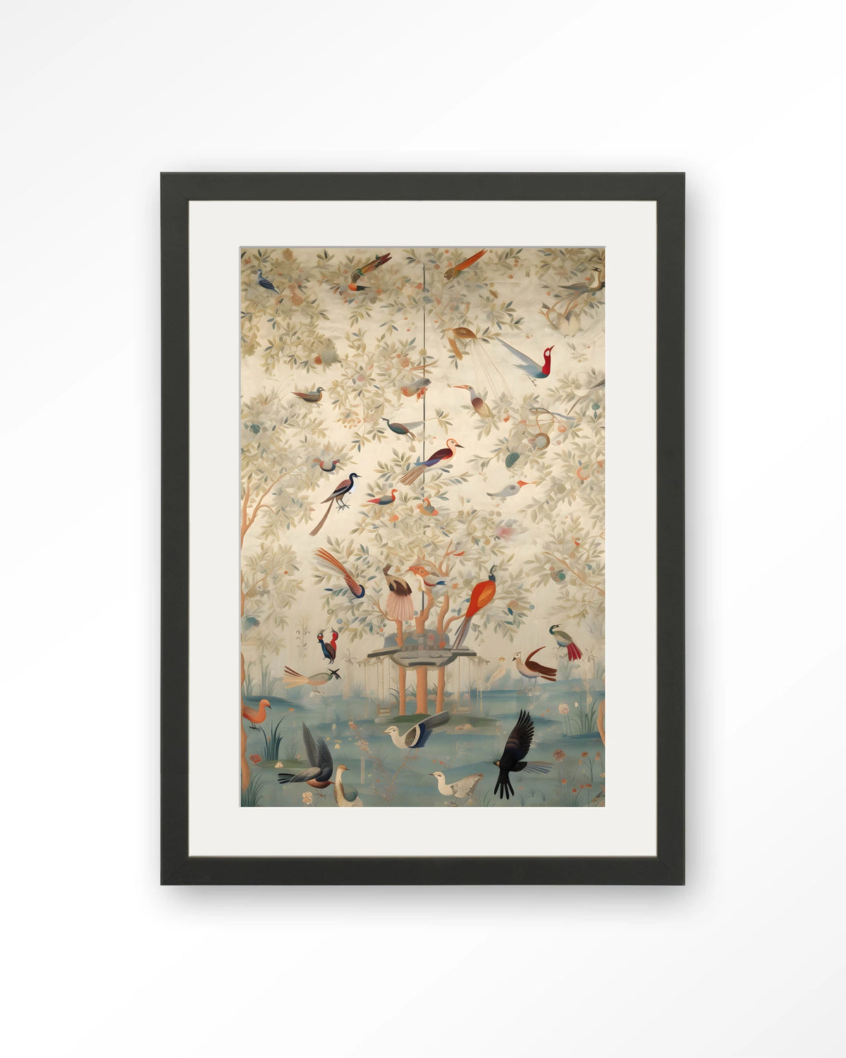 Oriental Day – vogels in boom, oosters landschap – Art print – Hout zwart + passe-partout