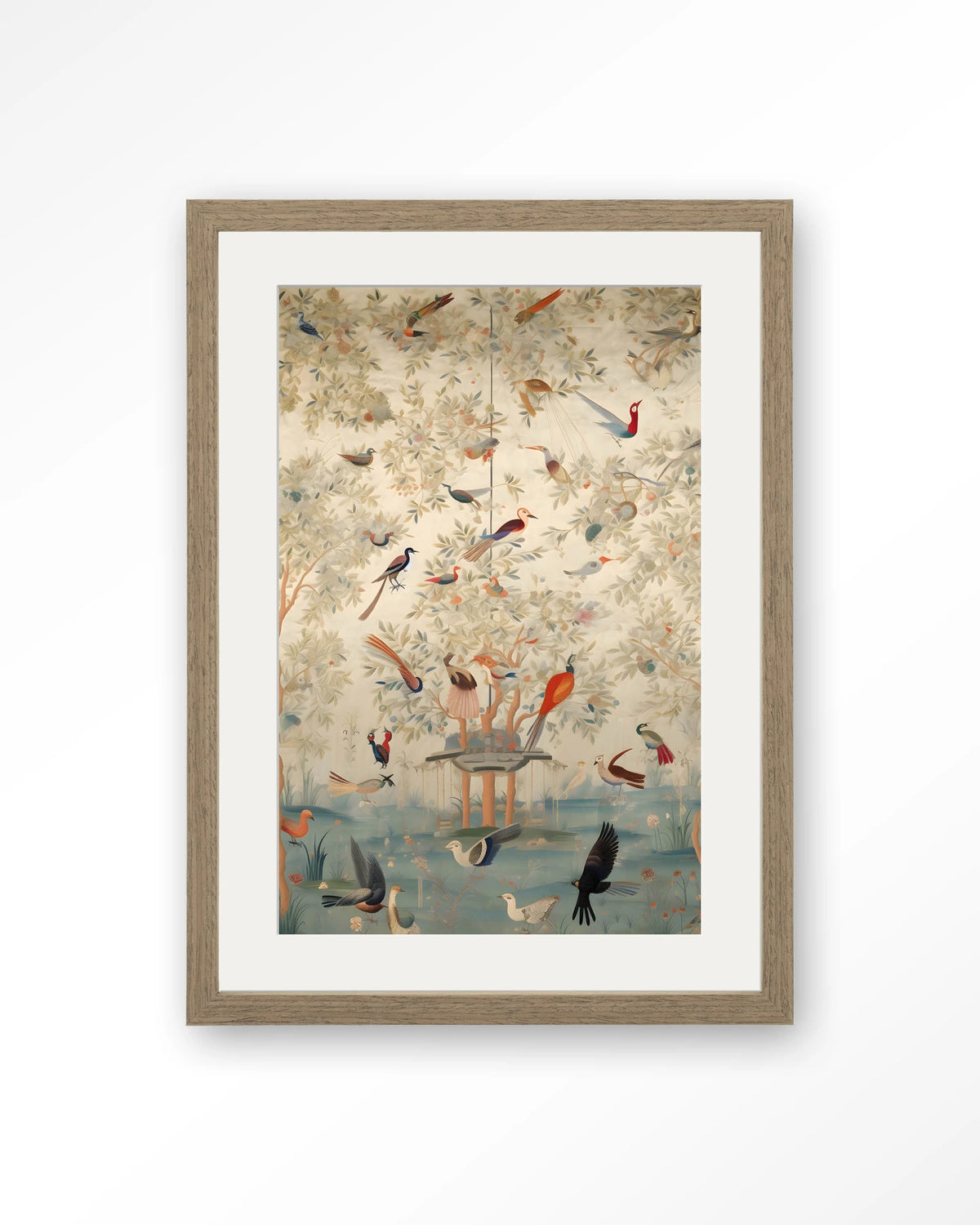 Oriental Day – vogels in boom, oosters landschap – Art print – Hout bruin + passe-partout