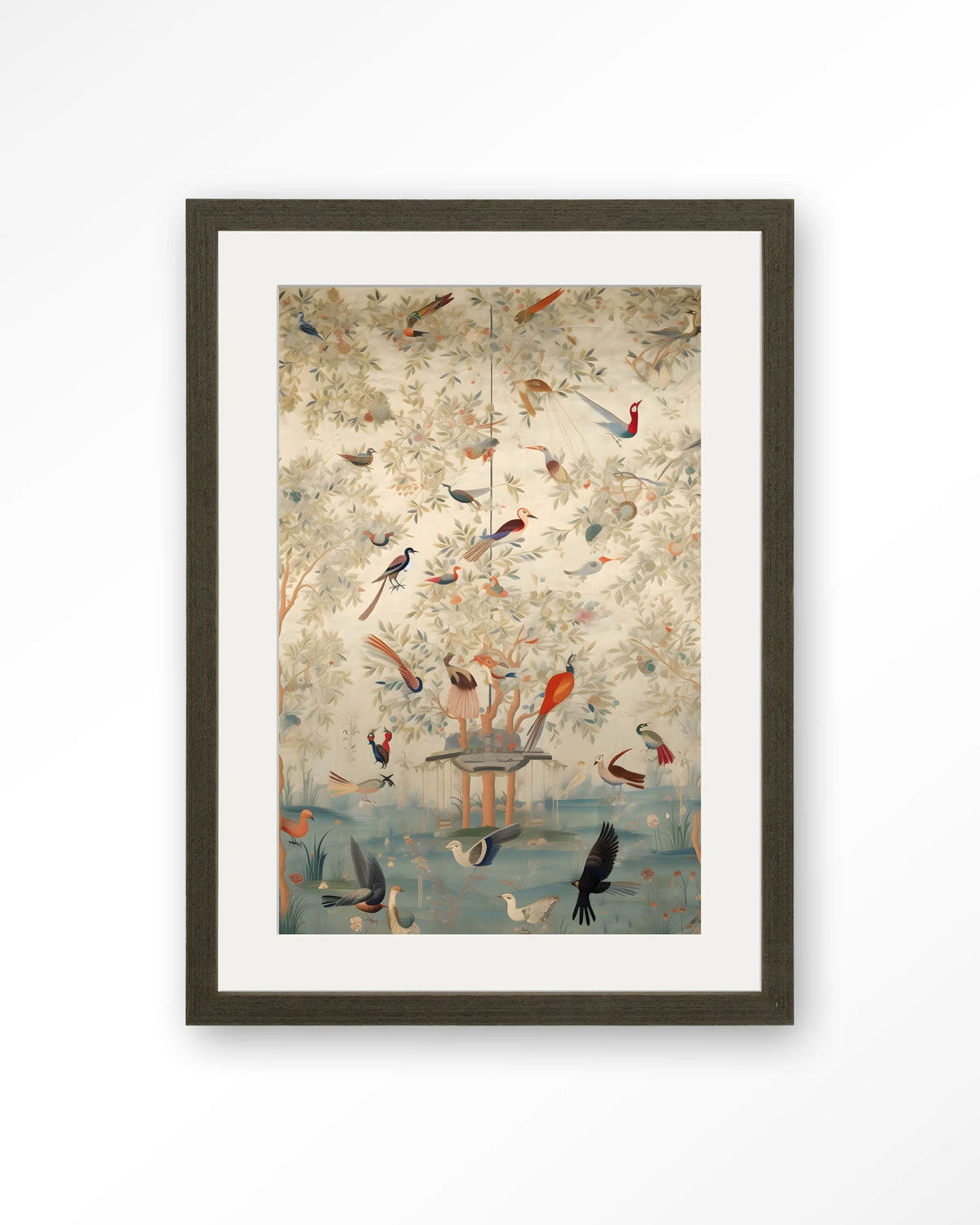 Oriental Day – vogels in boom, oosters landschap – Art print – Hout donkerbruin + passe-partout