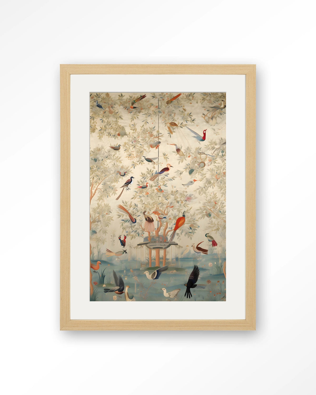 Oriental Day – vogels in boom, oosters landschap – Art print – Hout naturel + passe-partout