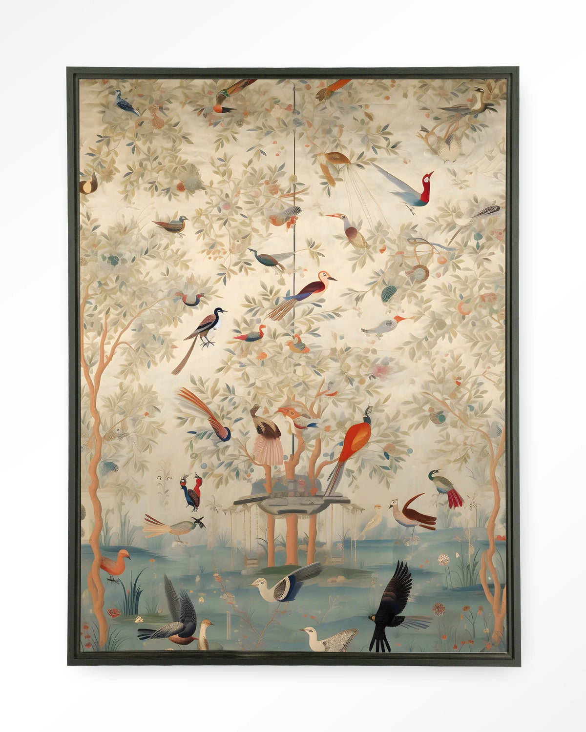 Oriental Day – vogels in boom, oosters landschap – Wandkleed – Floating frame – zwart