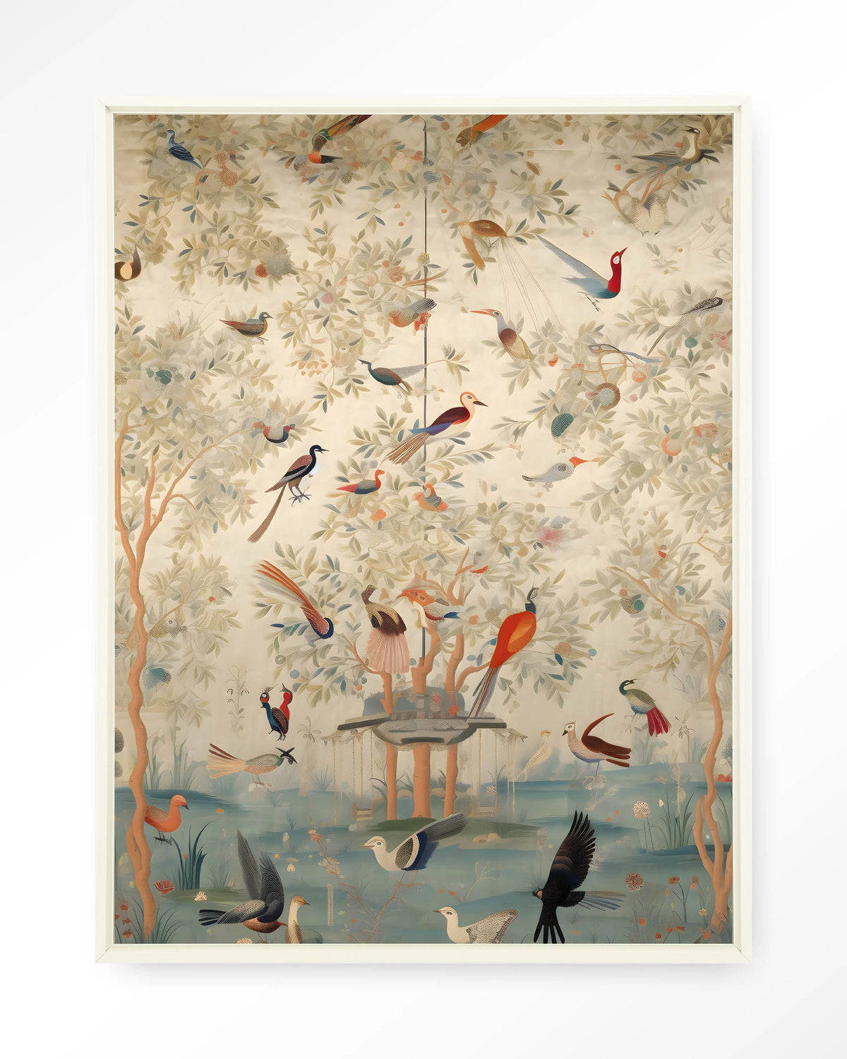 Oriental Day – vogels in boom, oosters landschap – Wandkleed – Floating frame – wit