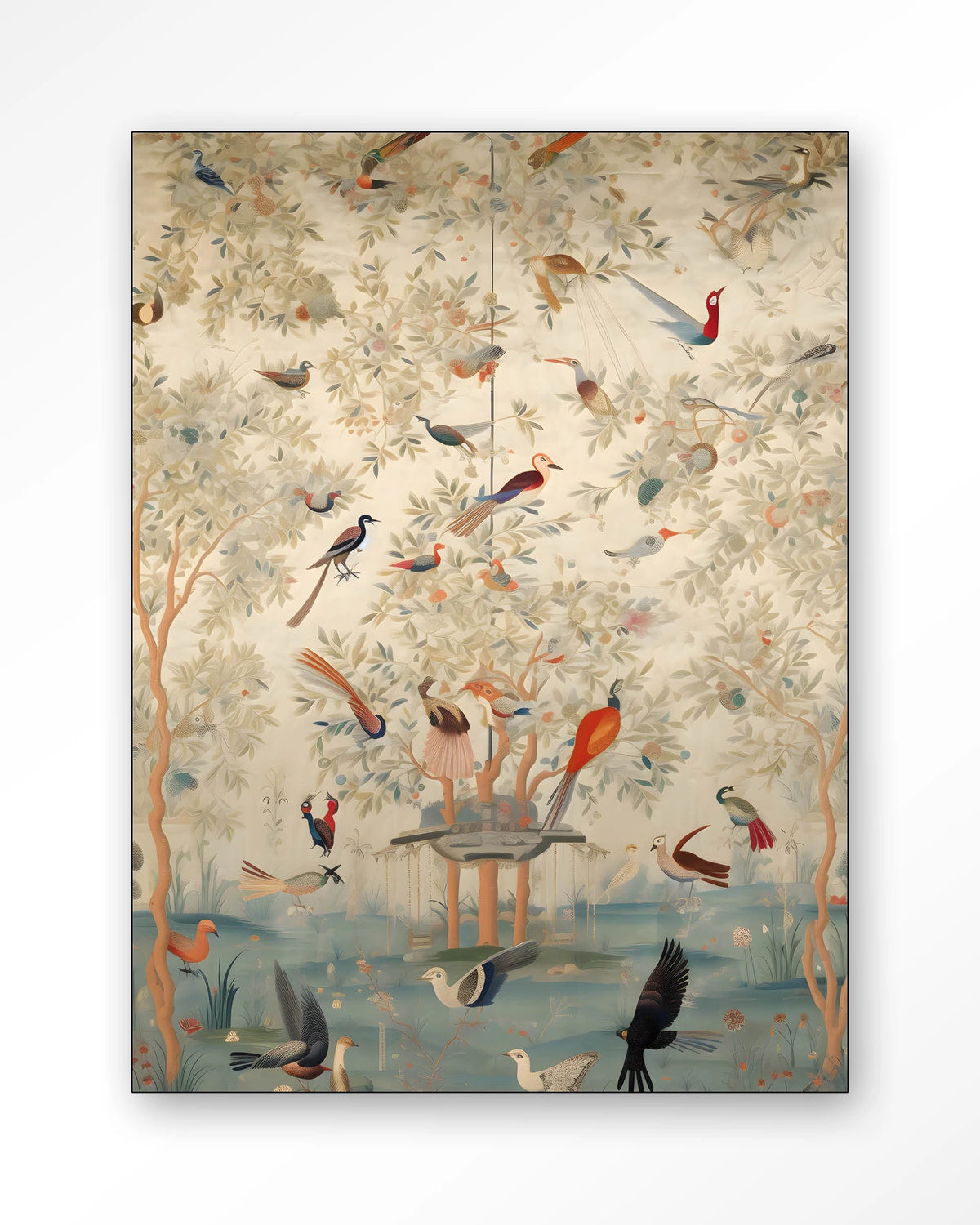 Oriental Day – vogels in boom, oosters landschap – Wandkleed – Frame – zwart