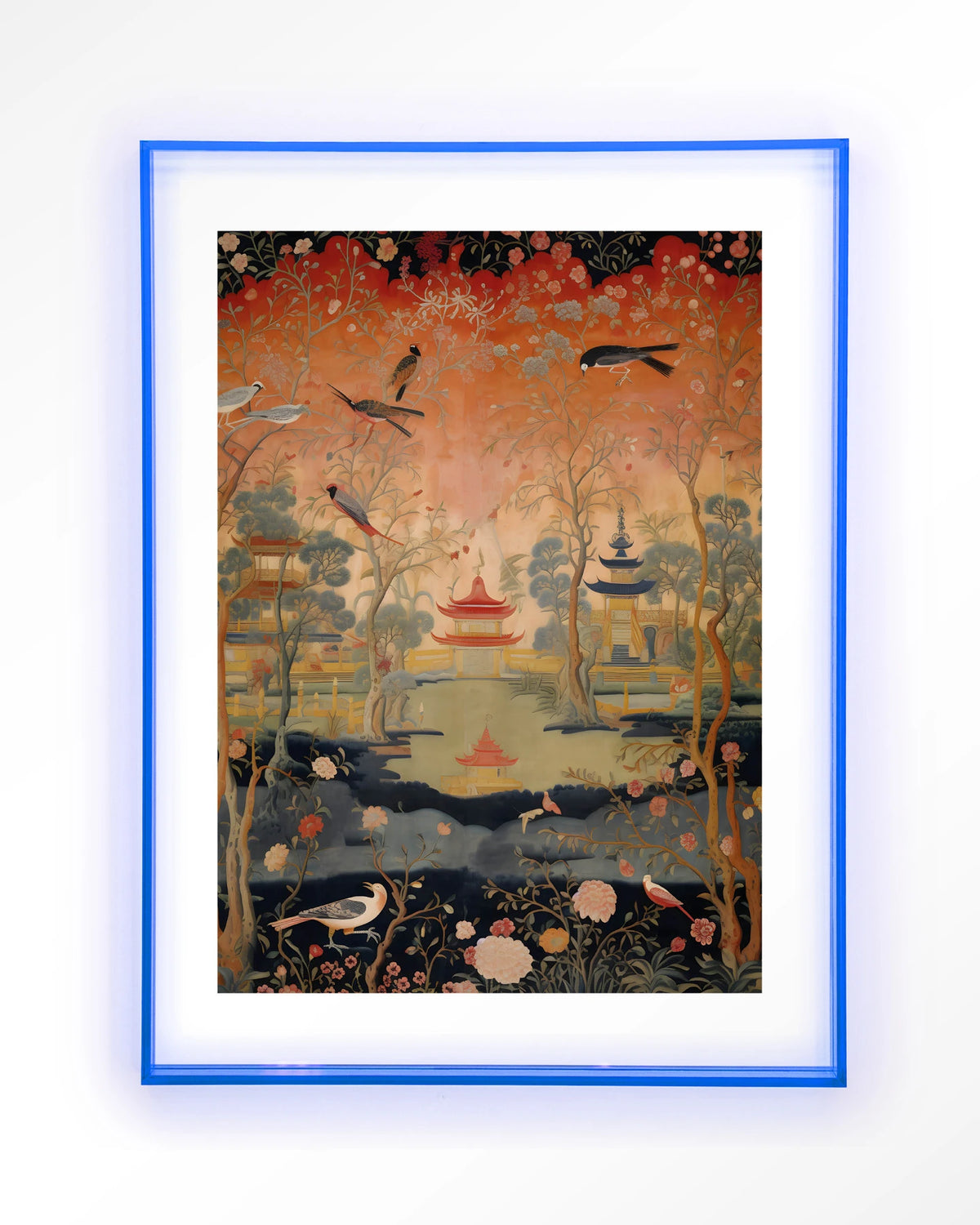 Oriental Night – oosters landschap met vogels – Art print – Acryl lichtblauw