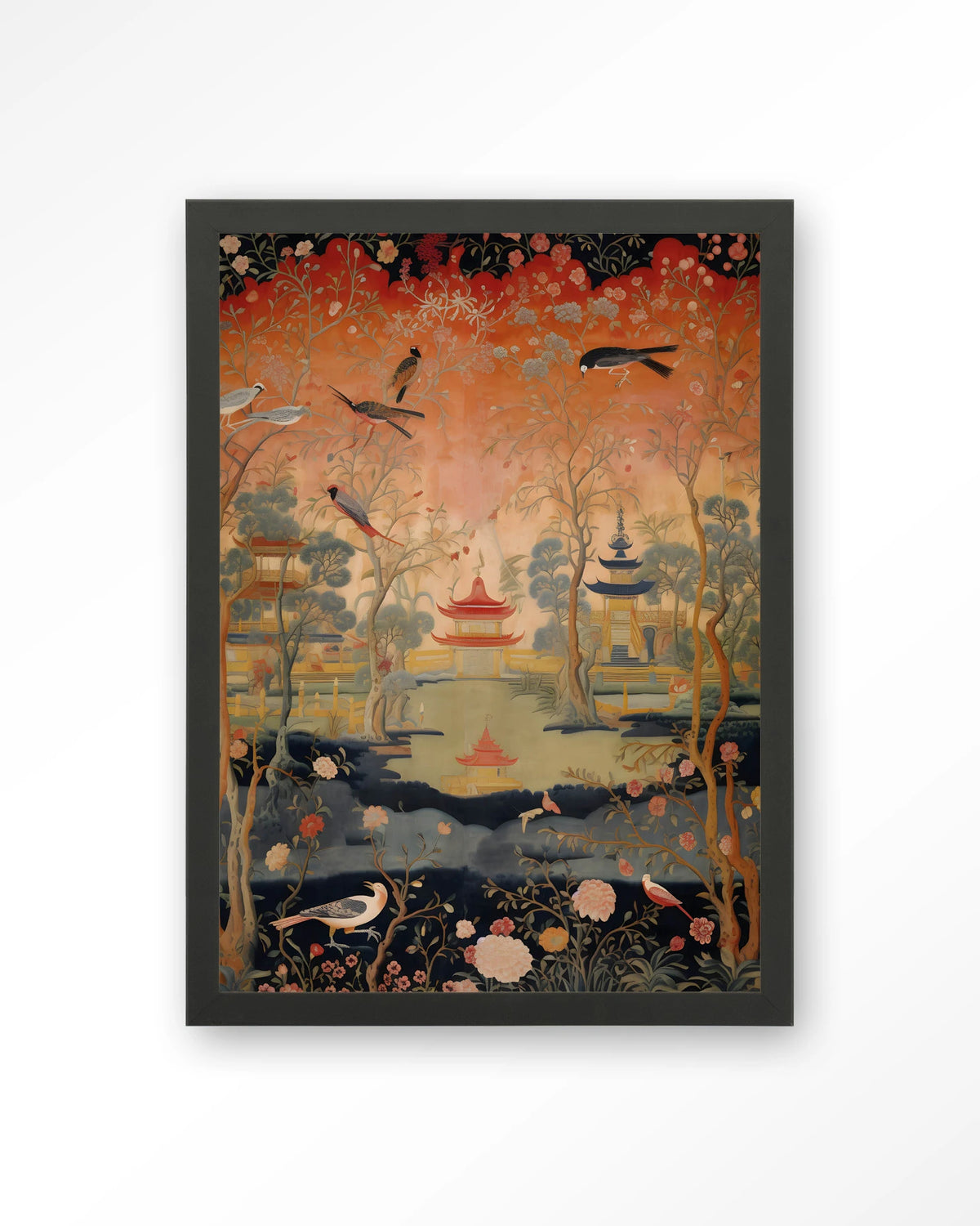 Oriental Night – oosters landschap met vogels – Art print – Hout zwart