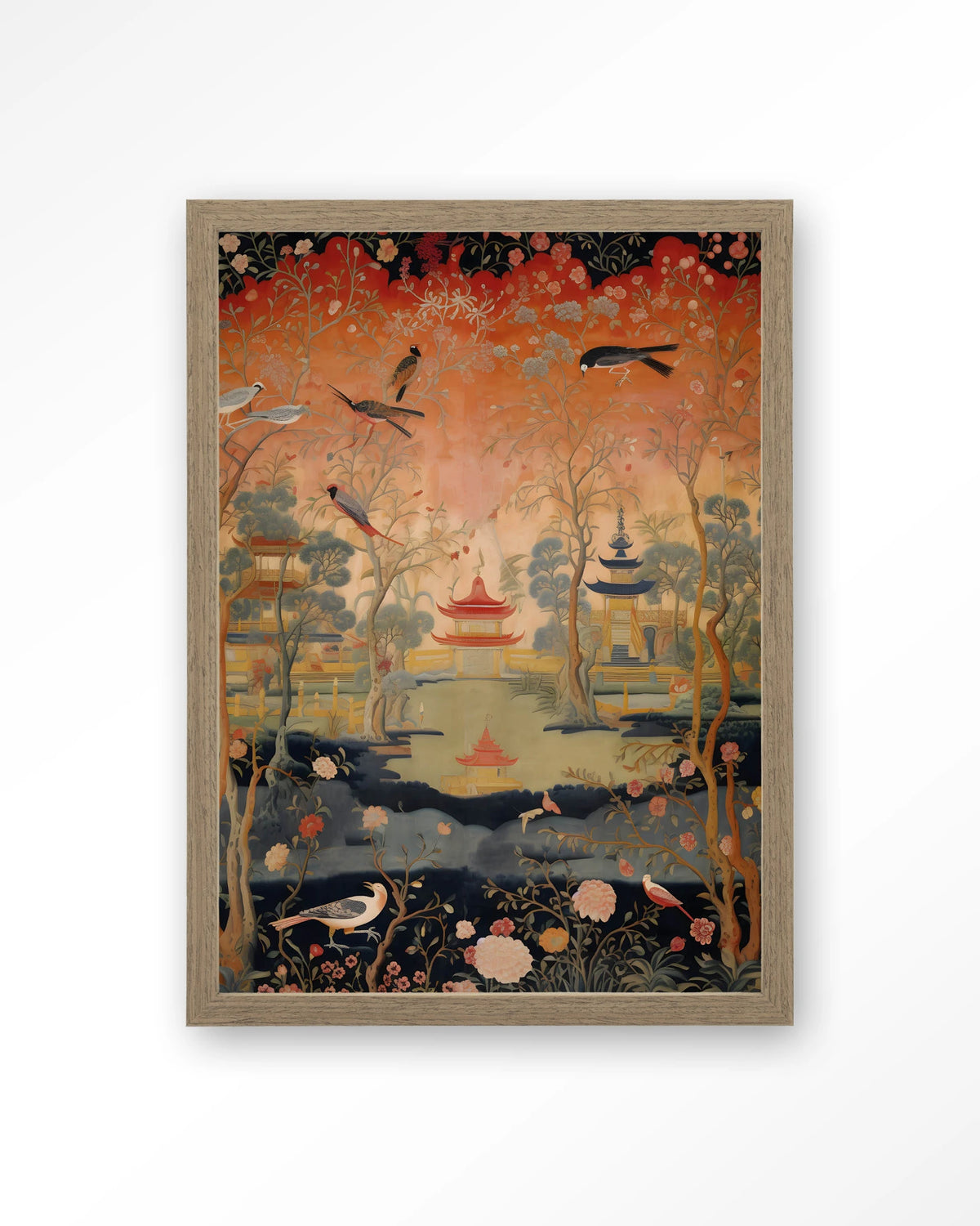 Oriental Night – oosters landschap met vogels – Art print – Hout bruin