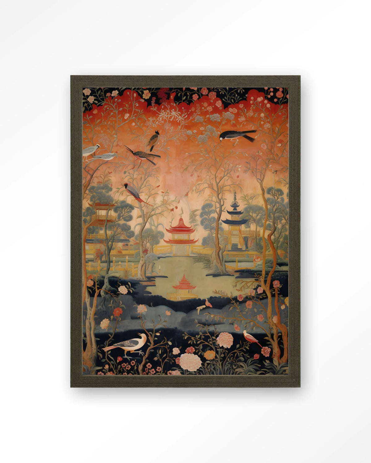Oriental Night – oosters landschap met vogels – Art print – Hout donkerbruin