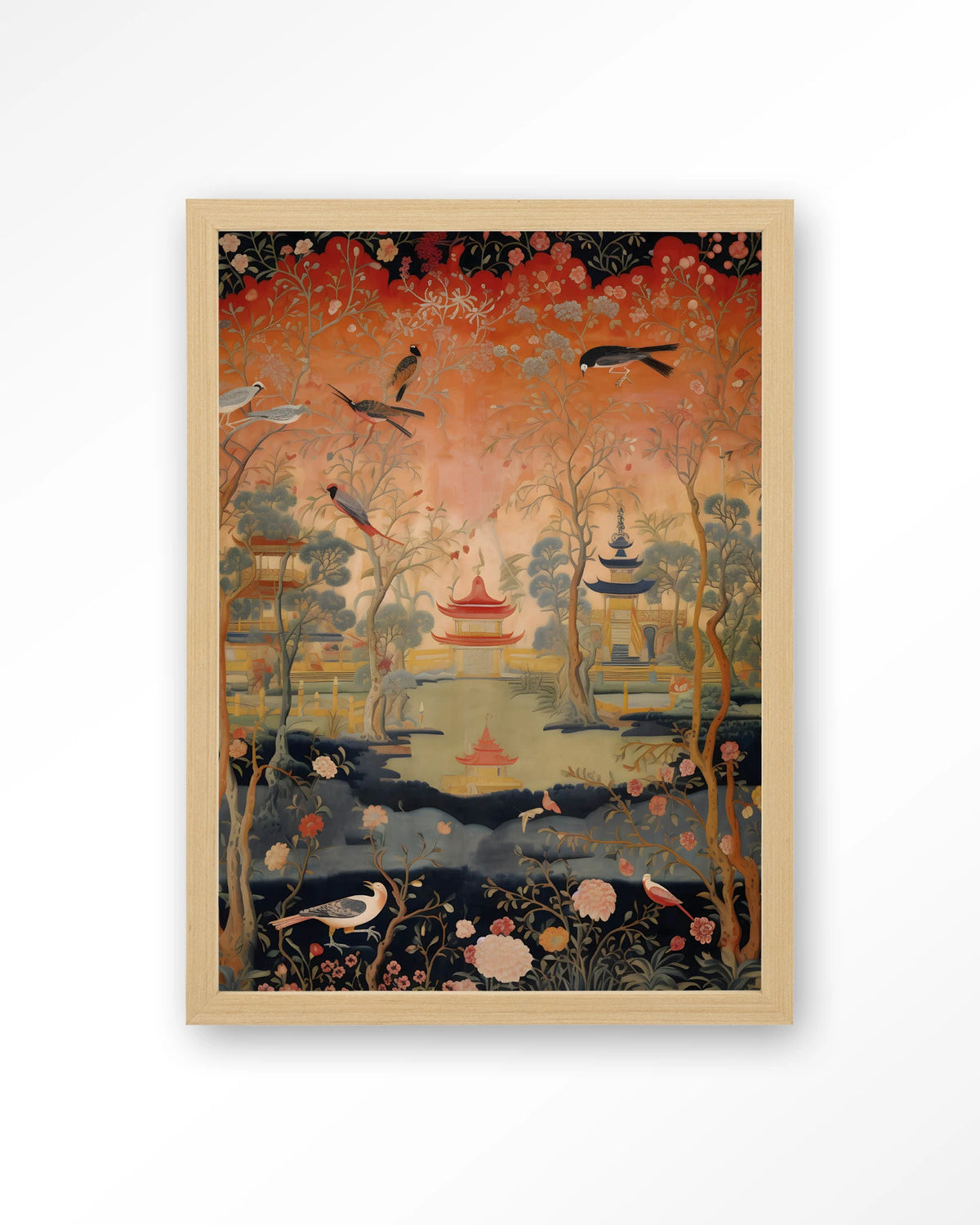 Oriental Night – oosters landschap met vogels – Art print – Hout naturel