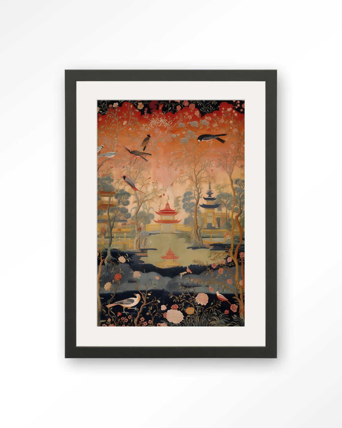 Oriental Night – oosters landschap met vogels – Art print – Hout zwart + passe-partout