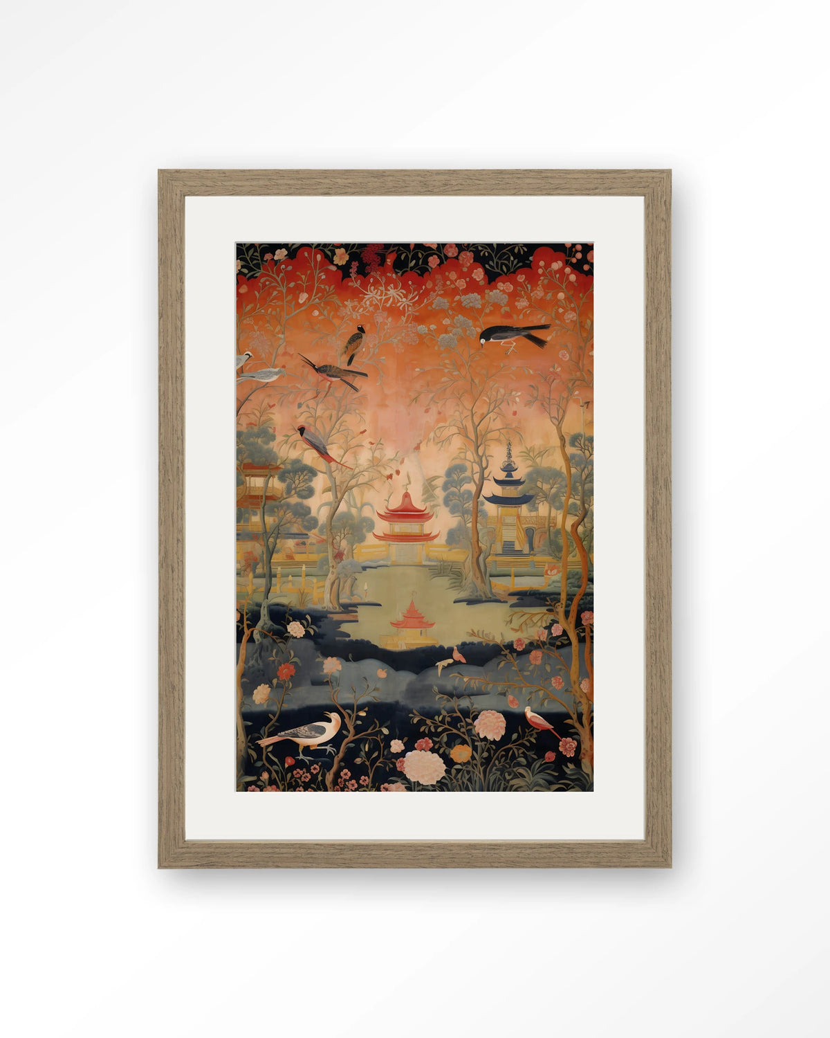 Oriental Night – oosters landschap met vogels – Art print – Hout bruin + passe-partout