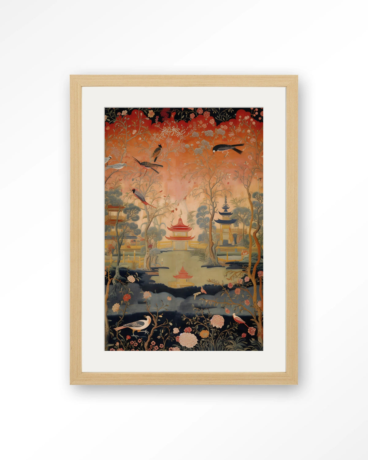Oriental Night – oosters landschap met vogels – Art print – Hout naturel + passe-partout