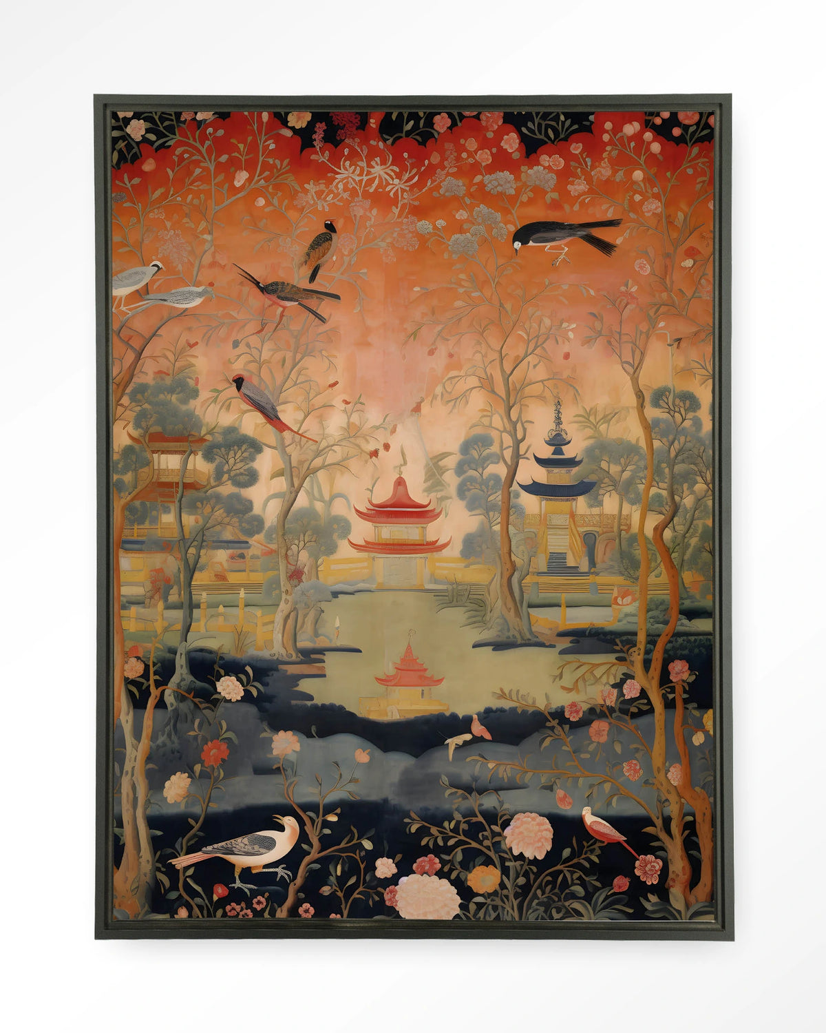 Oriental Night – oosters landschap met vogels – Wandkleed – Floating frame – zwart