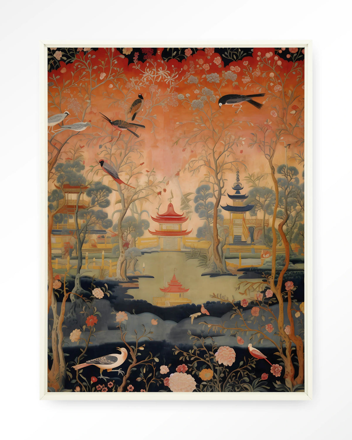 Oriental Night – oosters landschap met vogels – Wandkleed – Floating frame – wit