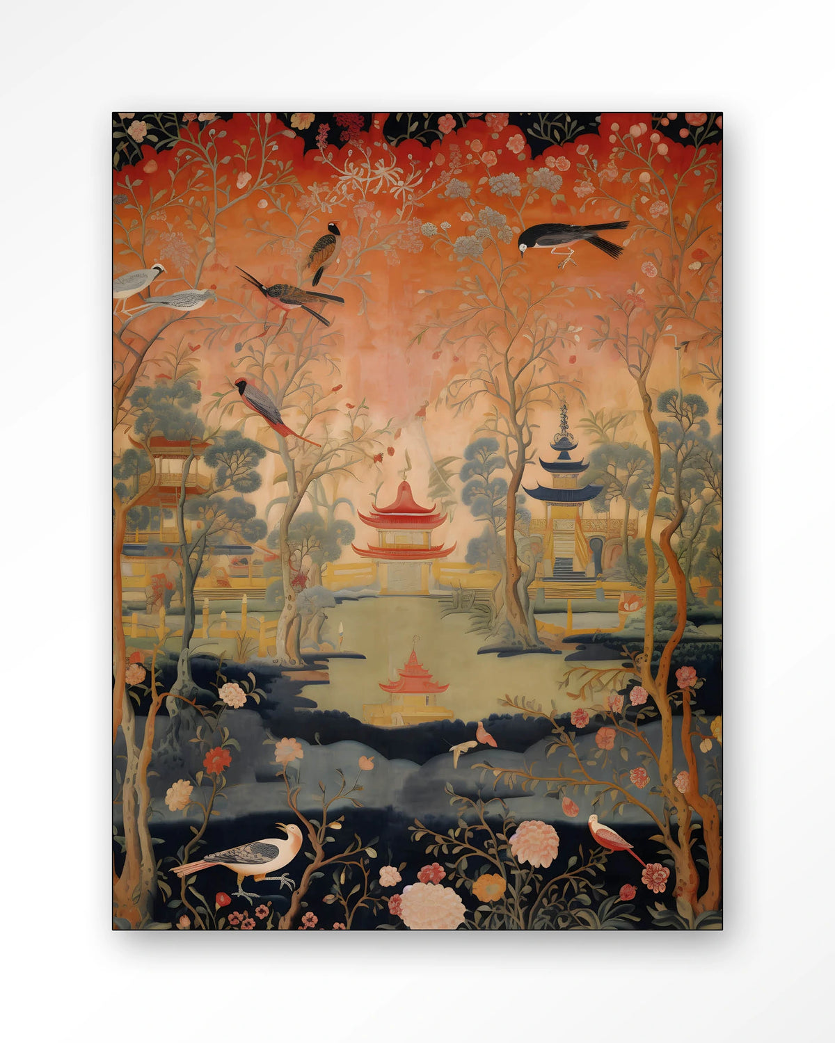 Oriental Night – oosters landschap met vogels – Wandkleed – Frame – zwart