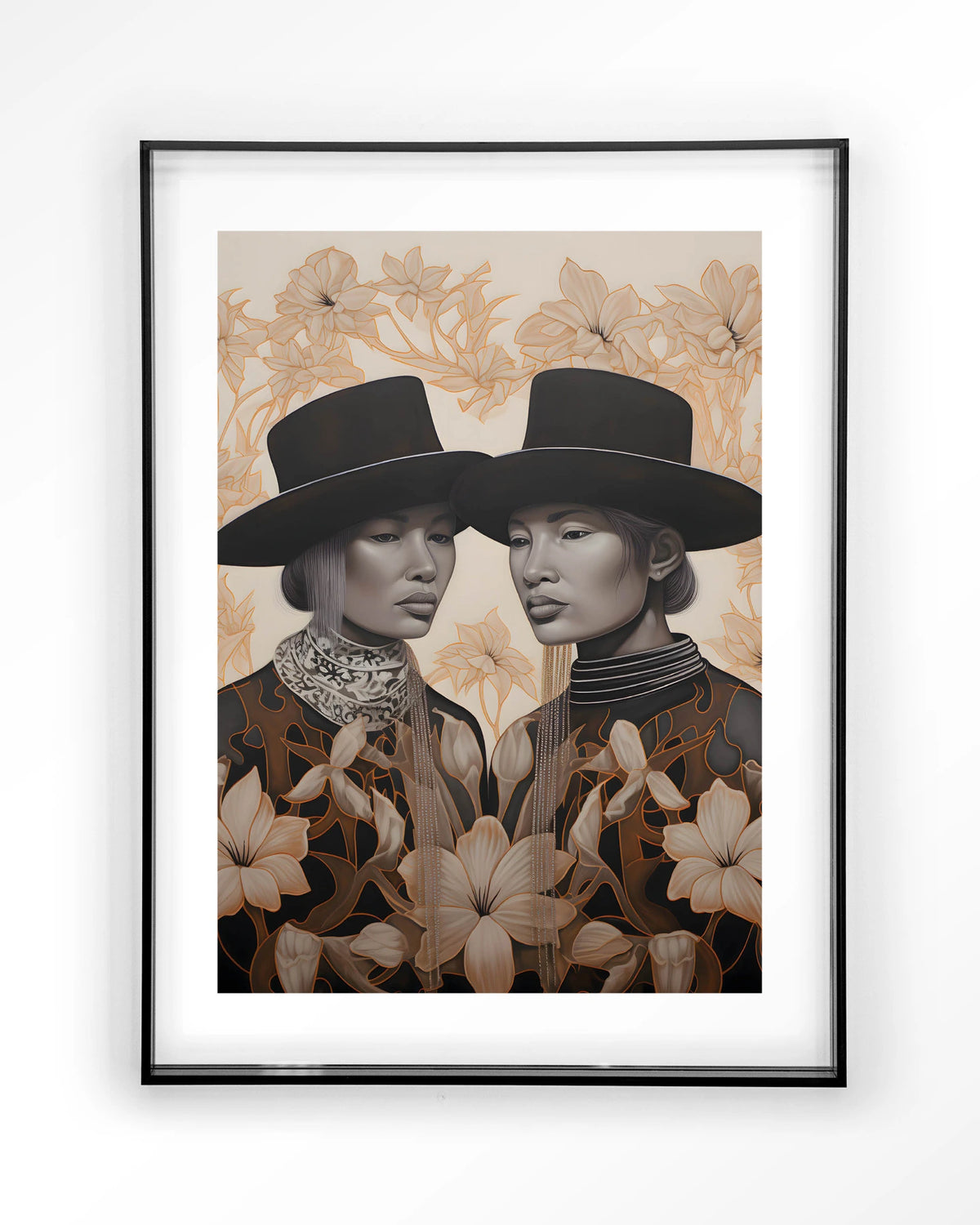 Lady Garden – twee dames met hoed en bloemen – Art print – Acryl zwart