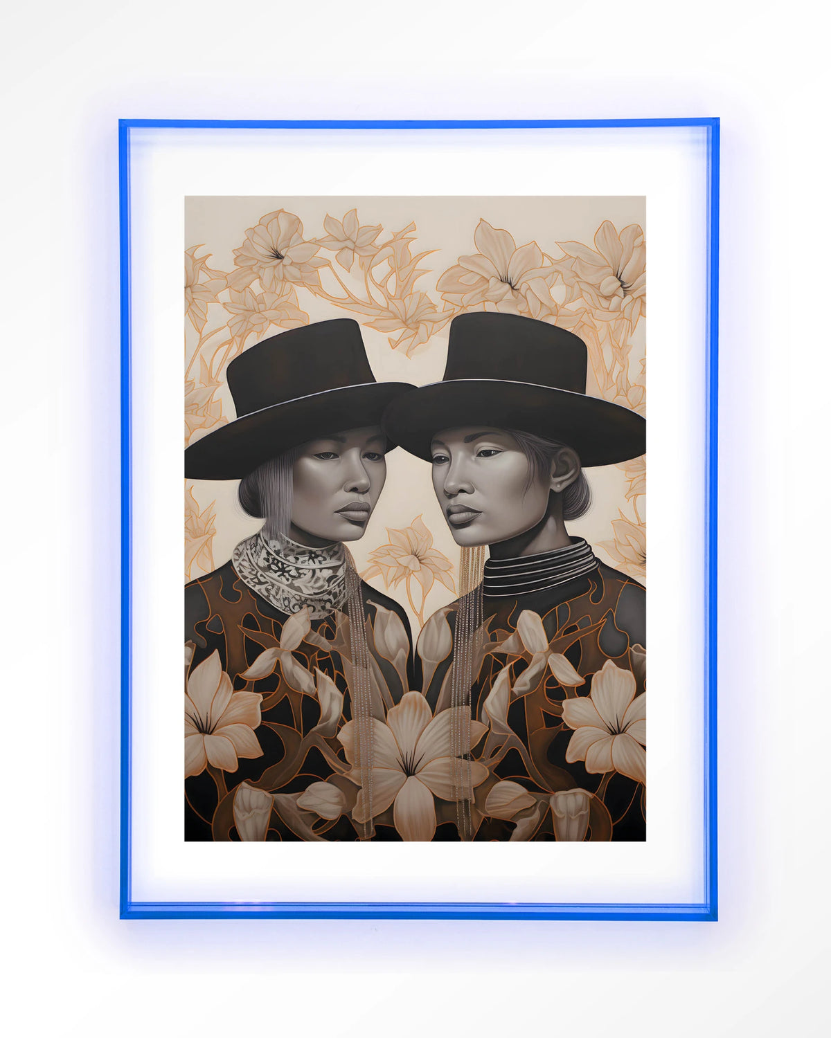 Lady Garden – twee dames met hoed en bloemen – Art print – Acryl lichtblauw