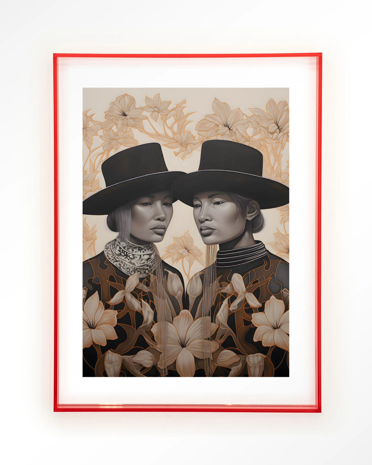 Lady Garden – twee dames met hoed en bloemen – Art print – Acryl roze