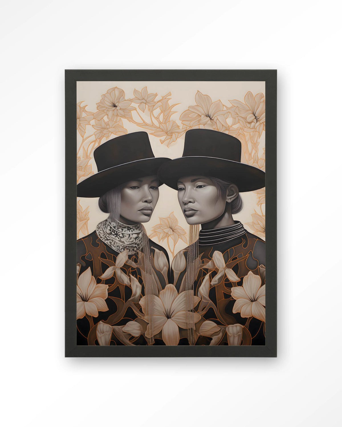 Lady Garden – twee dames met hoed en bloemen – Art print – Hout zwart